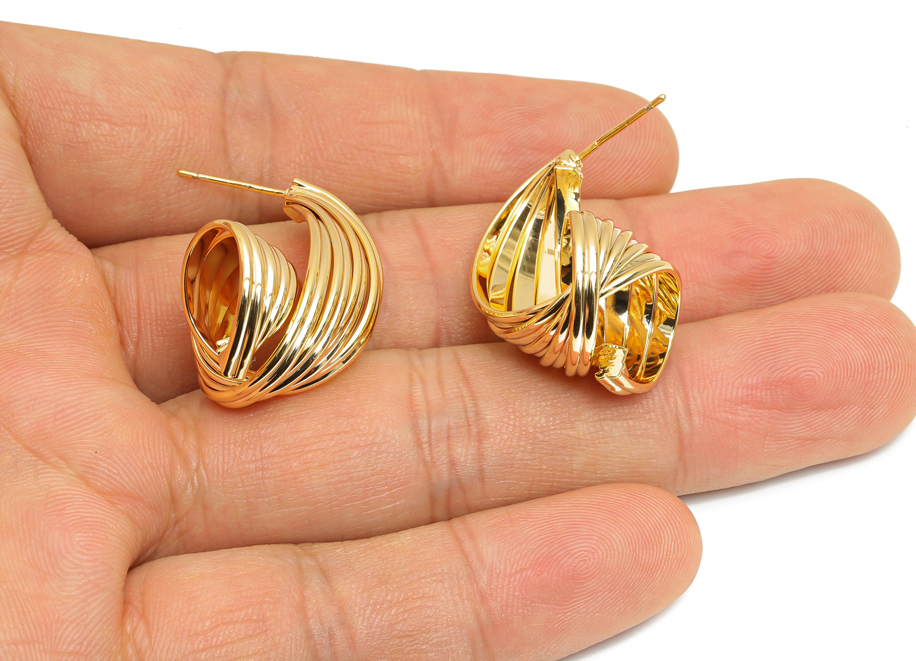 Twisted Hoop Earring Stud - Brass Bold Ribbed Snail Earring Stud - Layered Spiral Oversized Hoop - 18K Real Gold Plating -29x20x15mm-RGP9688 - DOMEDBAZAAR