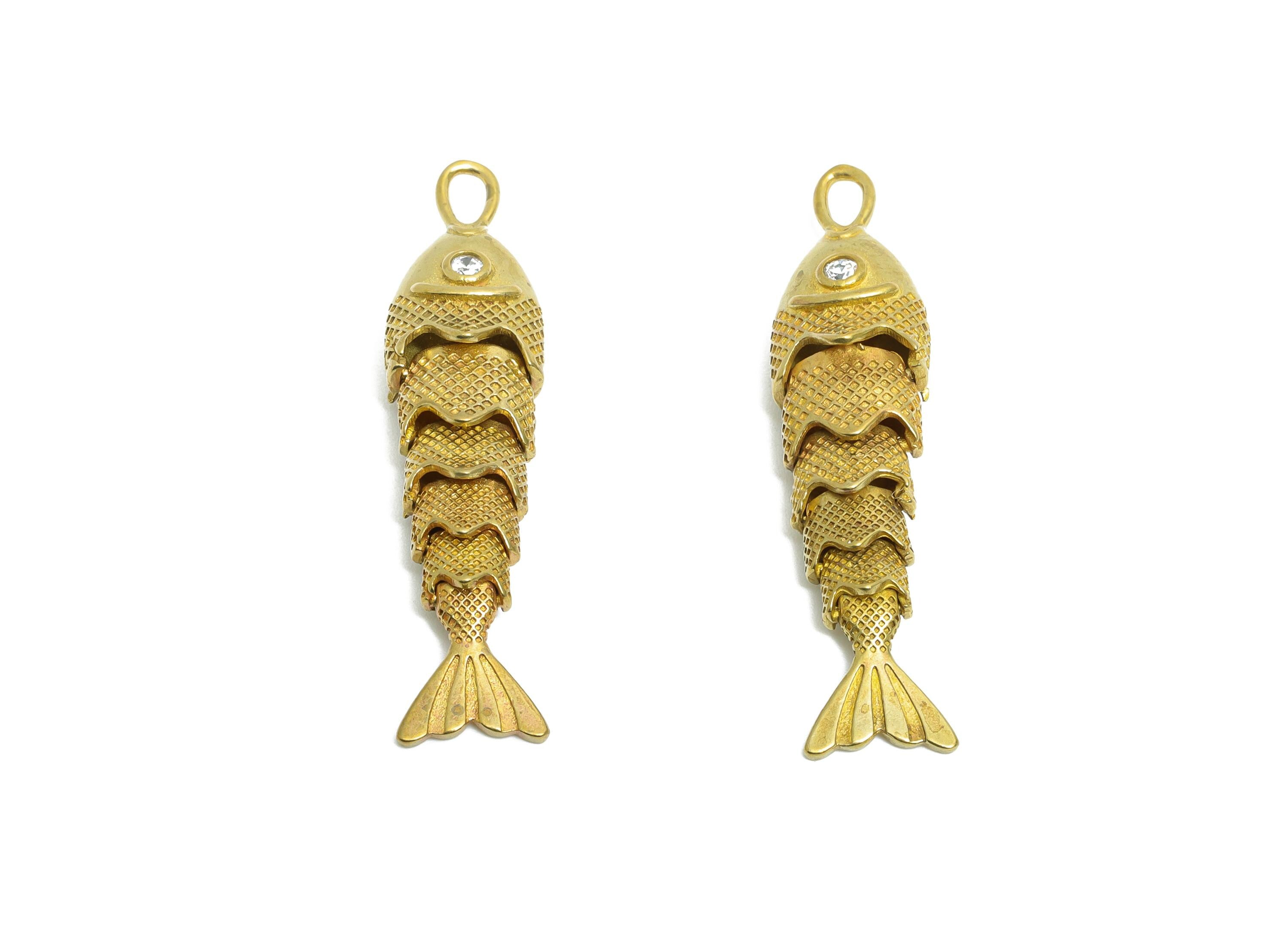 Movable 3D Articulated Fish Charm - Brass Sparking Fish Charm - DIY Bracelet Necklace Jewelry Making - Marine Pendant - 40x9.7x7mm - PP11118 - DOMEDBAZAAR