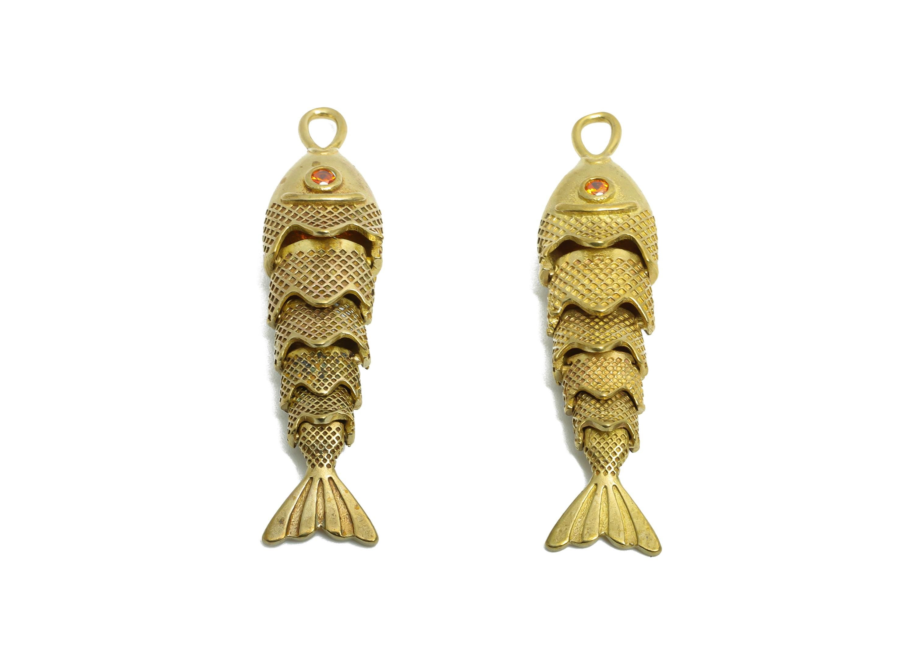 Movable Articulated Fish Charm - Brass Orange CZ Charm - DIY Bracelet Necklace Handmade Fish Charm - Marine Pendant - 40x9x7mm - PP11120 - DOMEDBAZAAR