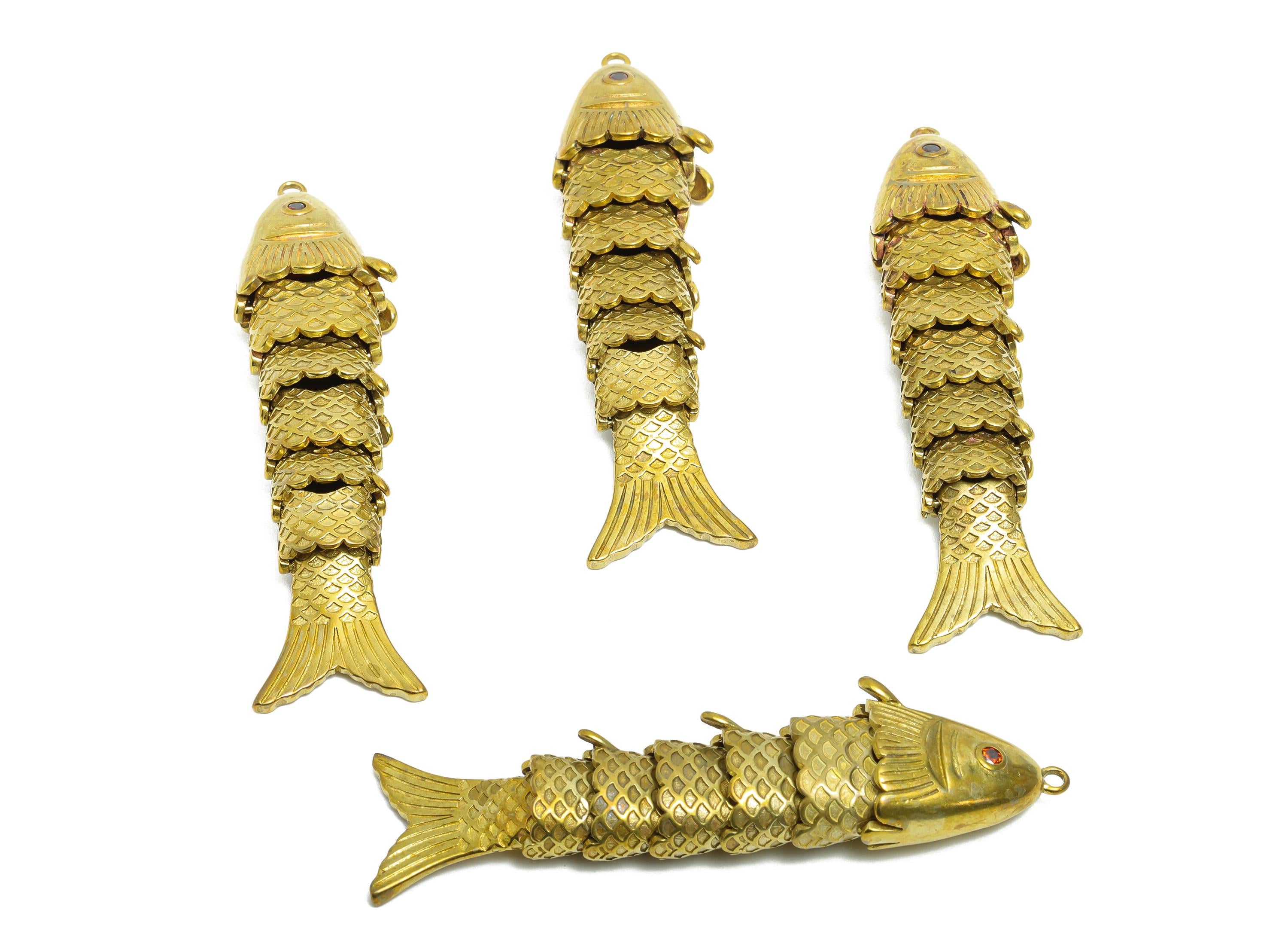 Movable Articulated Fish Charm - Brass Textured CZ Fish Charm - DIY Bracelet Necklace Handmade Marine Pendant - 60x15.38x9.68mm - PP11108 - DOMEDBAZAAR