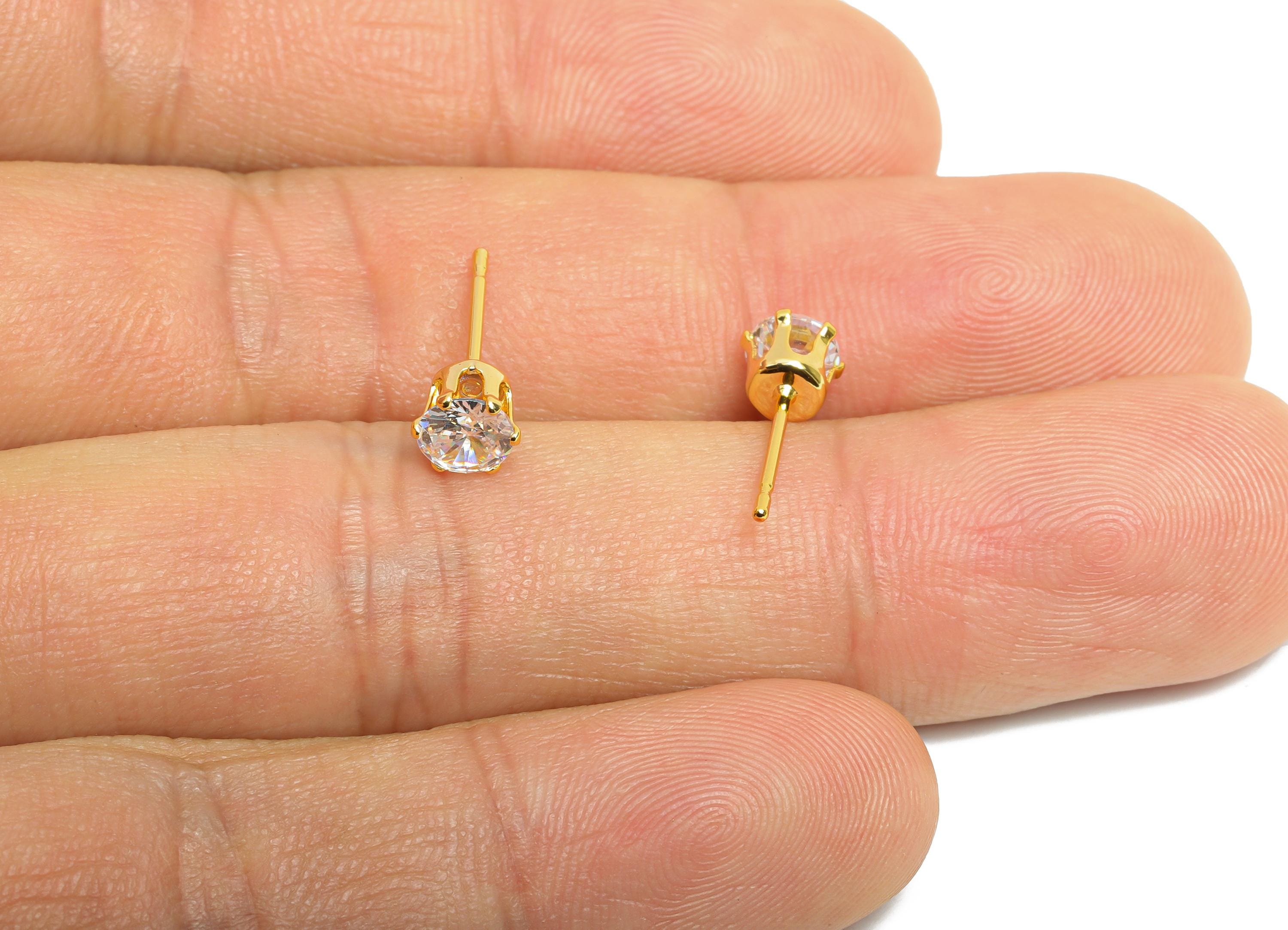 Minimalist Faceted Earring Post - Brass Simple Tiny Stud - Cubic Zircon Sparkling Ear Post - 18K Real Gold Plated - 5x5x4.4mm - RGP9639 - DOMEDBAZAAR