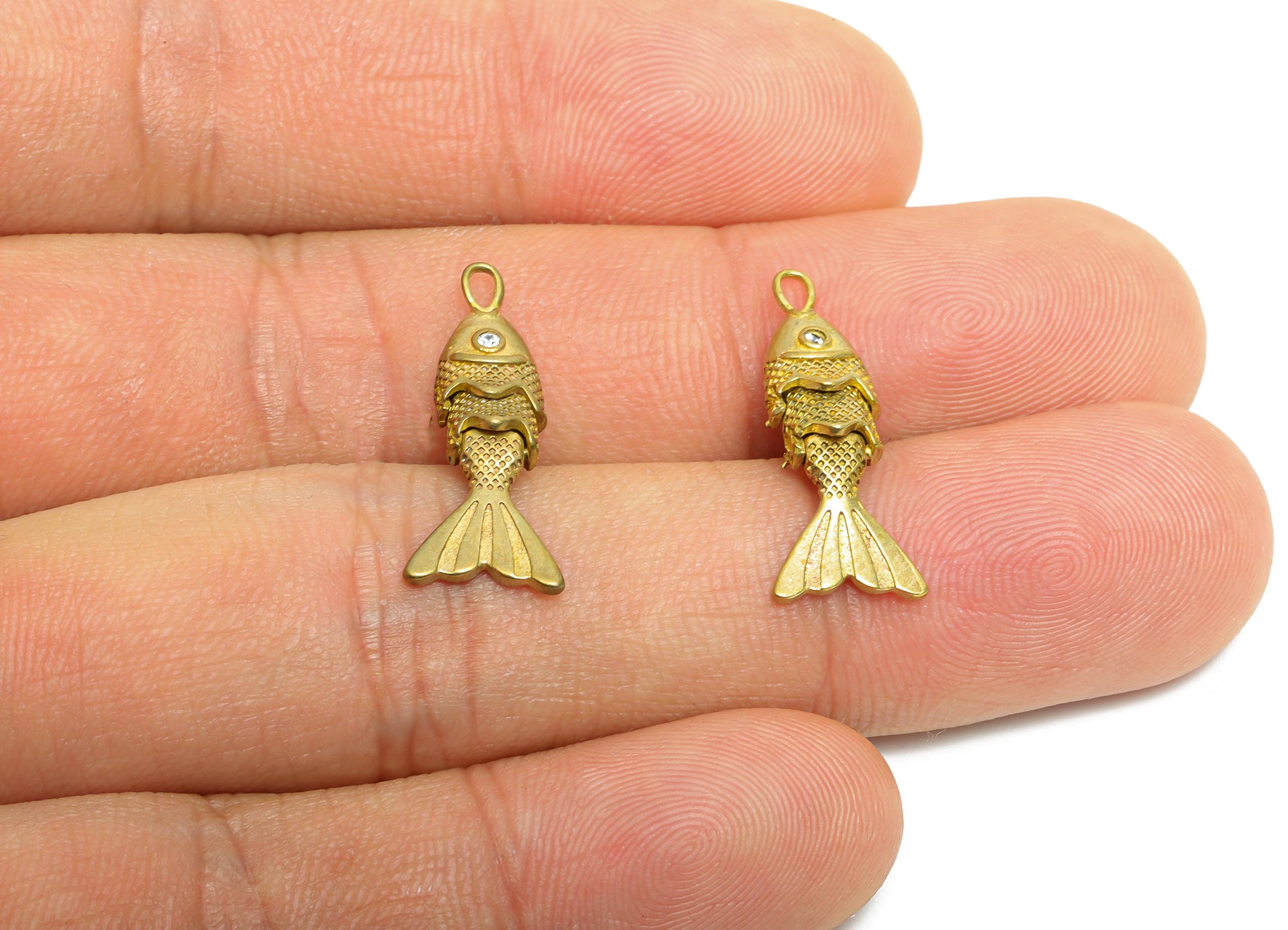 Movable Articulated Fish Charm - Brass Textured Dainty Fish Charm - Cubic Zircon DIY Articulated Marine Pendant - 22x9x4mm - PP11109 - DOMEDBAZAAR