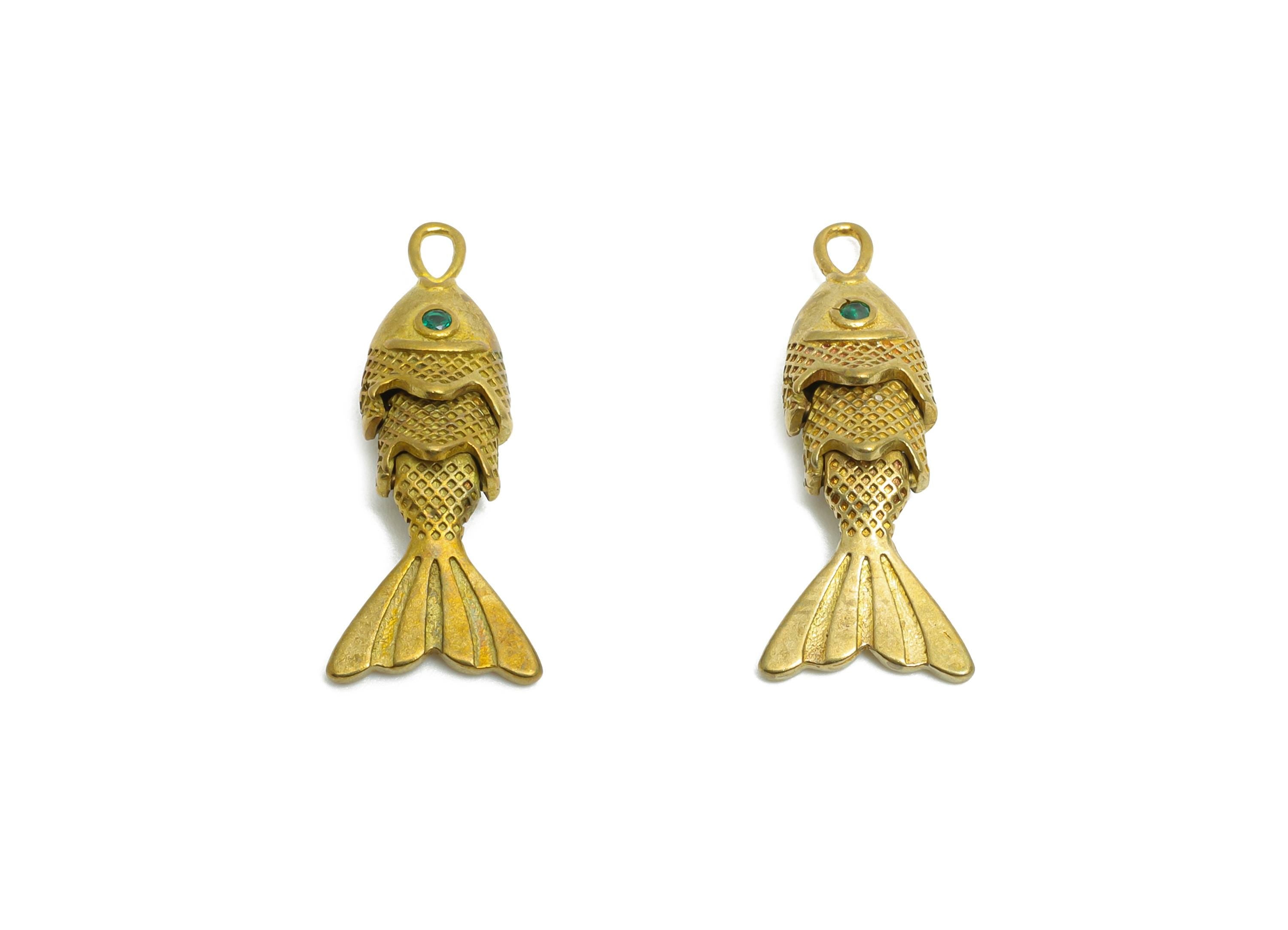 Movable Articulated Fish Charm - Brass Textured Dainty Fish Charm - Cubic Zircon Green Articulated Fish Earring Charm - 22x9x4mm - PP11110 - DOMEDBAZAAR