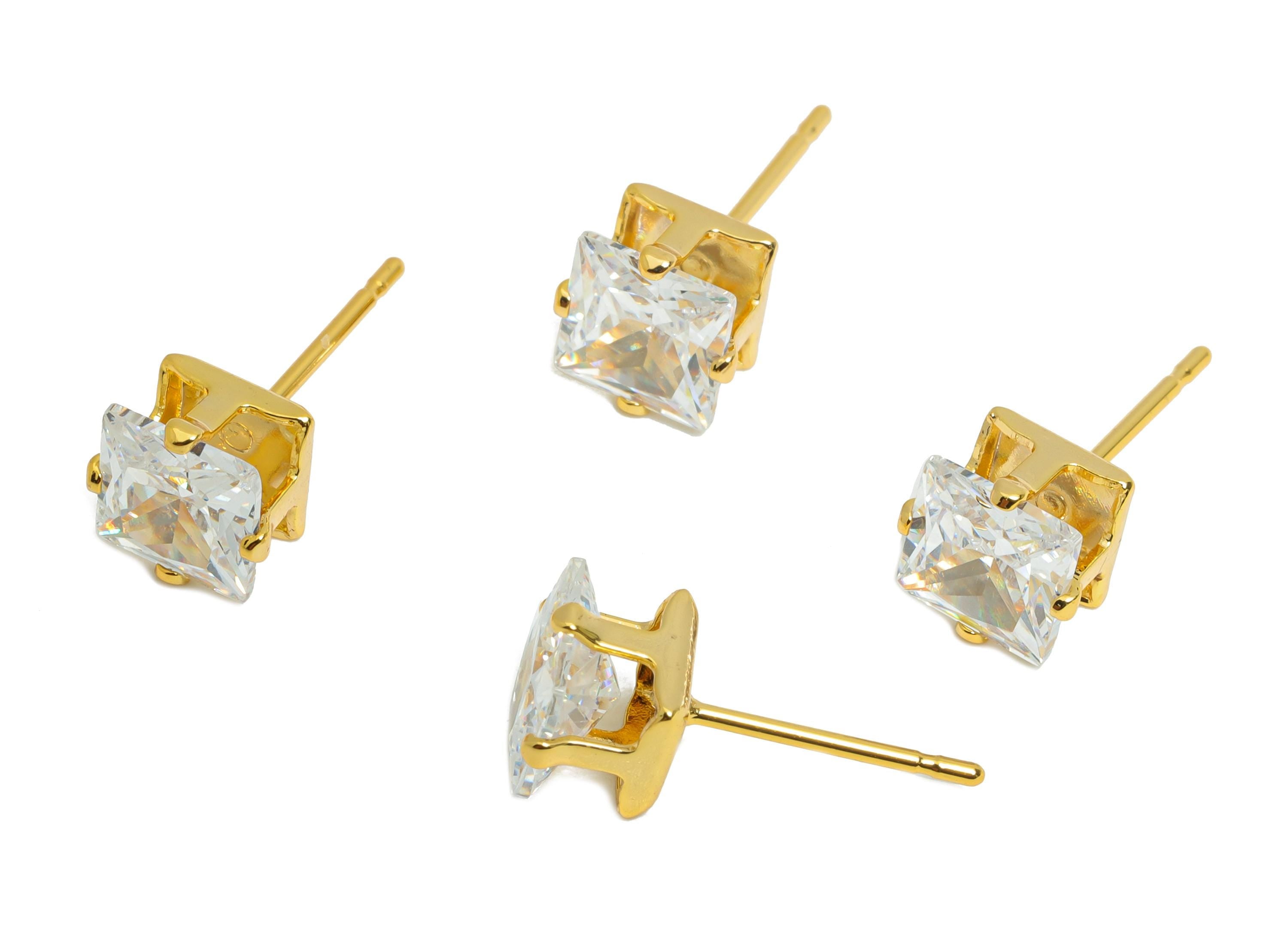 Minimalist Square Earring Post - Brass Simple Gem Stud - Cubic Zircon Sparkling Gold Ear Post - 18K Real Gold Plated - 6x6x5mm - RGP9640 - DOMEDBAZAAR