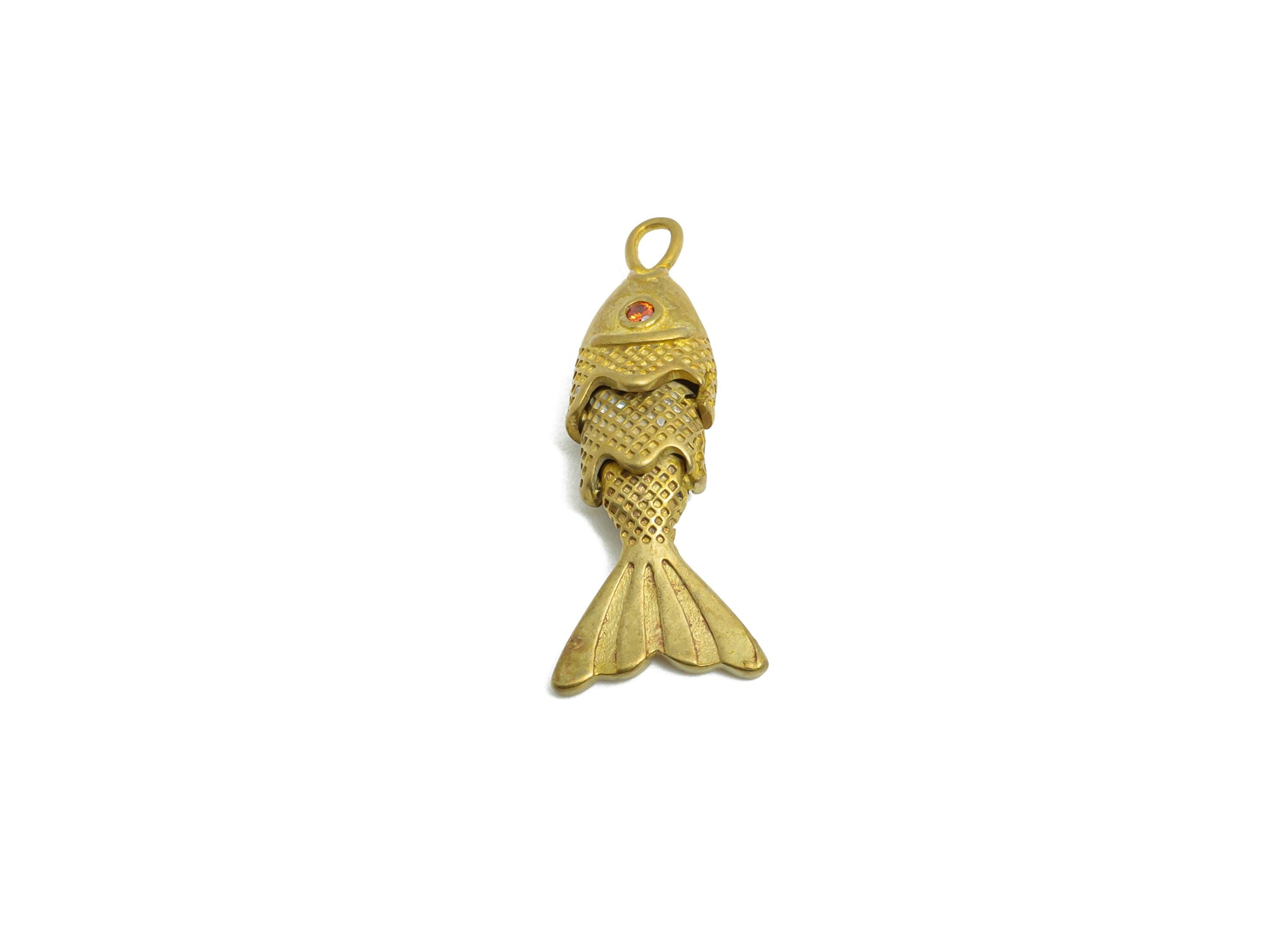 Movable Articulated Fish Charm - Brass Textured Dainty Fish Charm - Cubic Zircon Orange Articulated Fish Marine Pendant - 22x9x4mm - PP11111 - DOMEDBAZAAR
