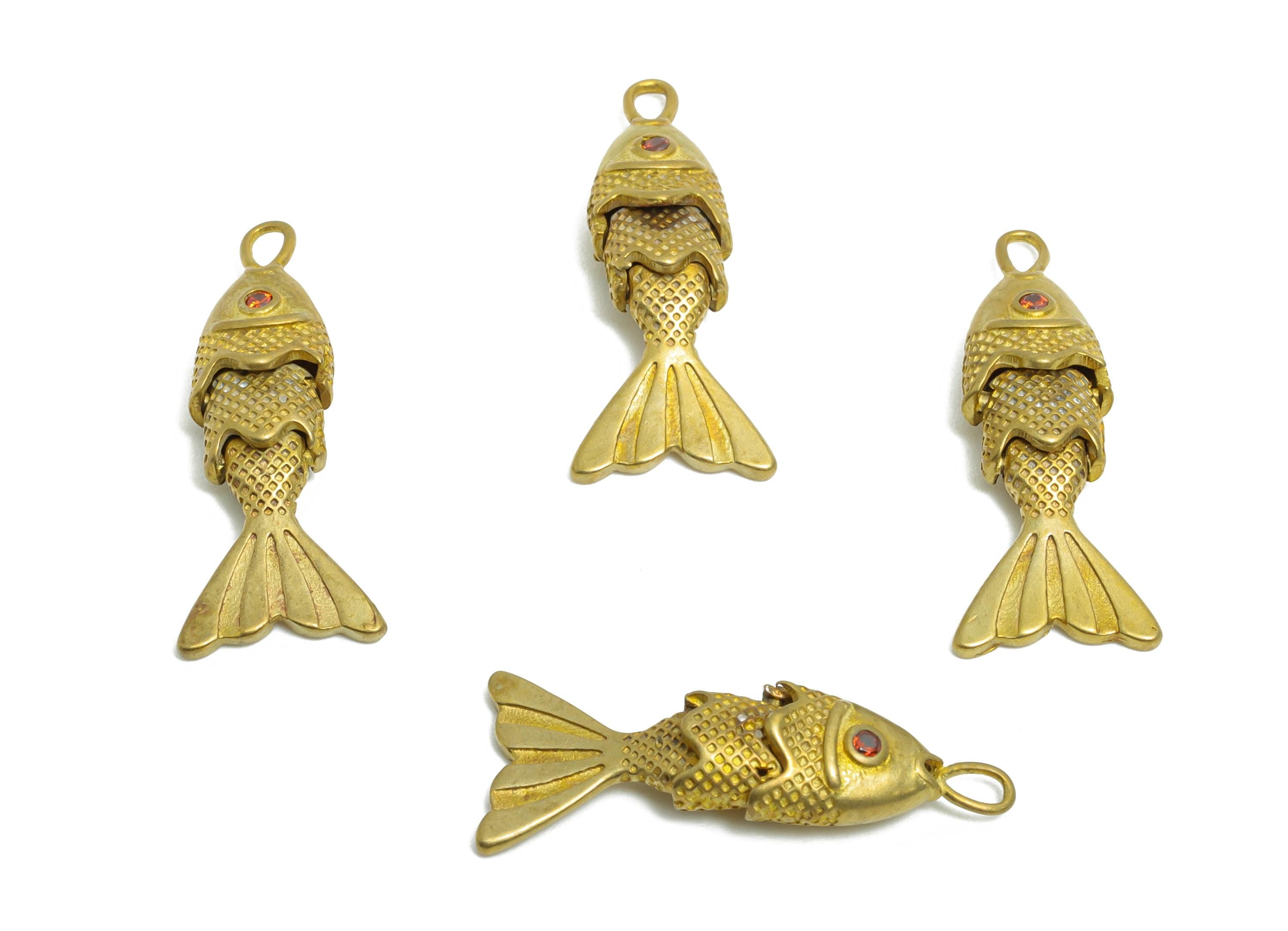 Movable Articulated Fish Charm - Brass Textured Dainty Fish Charm - Cubic Zircon Orange Articulated Fish Marine Pendant - 22x9x4mm - PP11111 - DOMEDBAZAAR