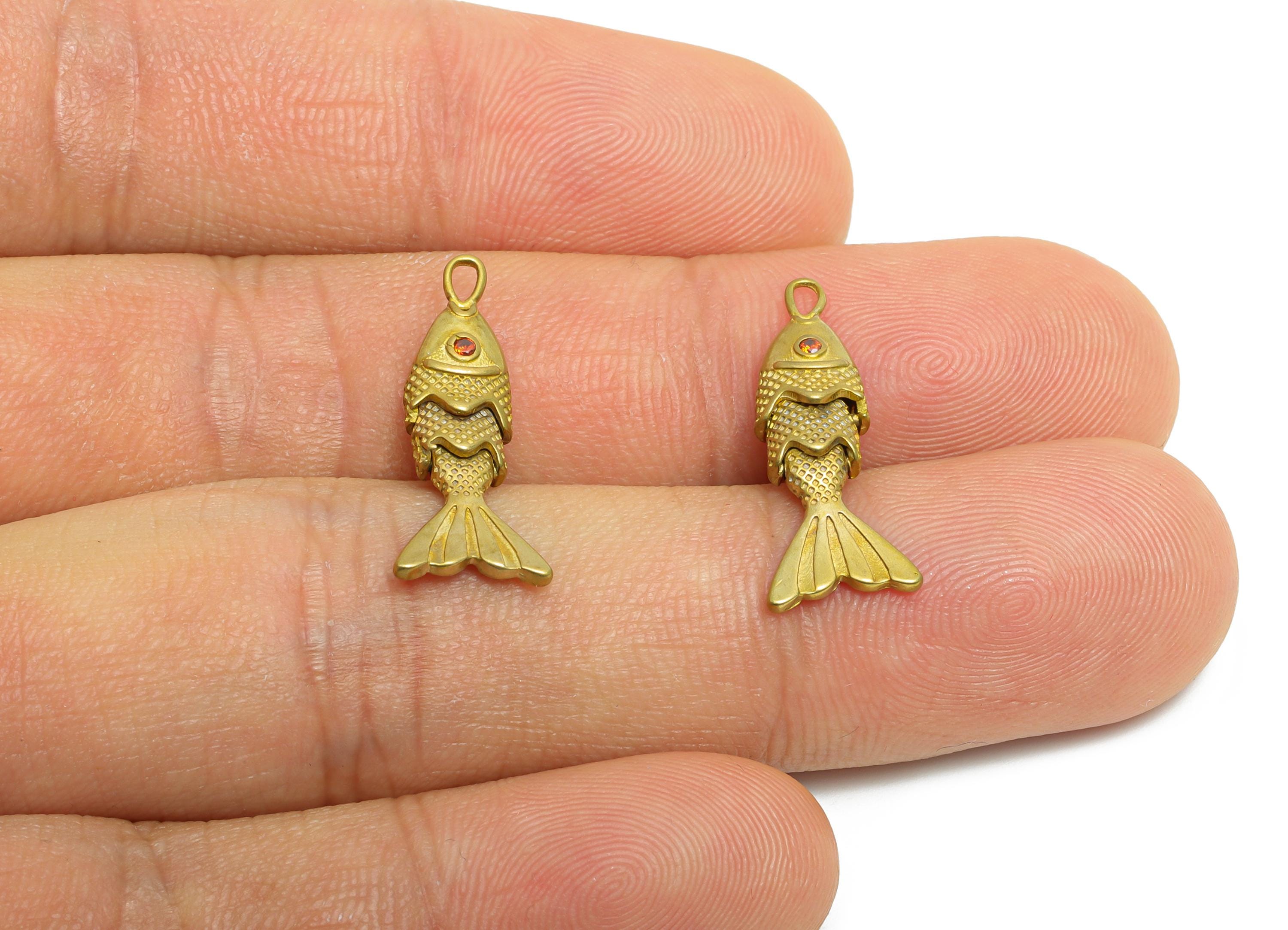 Movable Articulated Fish Charm - Brass Textured Dainty Fish Charm - Cubic Zircon Orange Articulated Fish Marine Pendant - 22x9x4mm - PP11111 - DOMEDBAZAAR