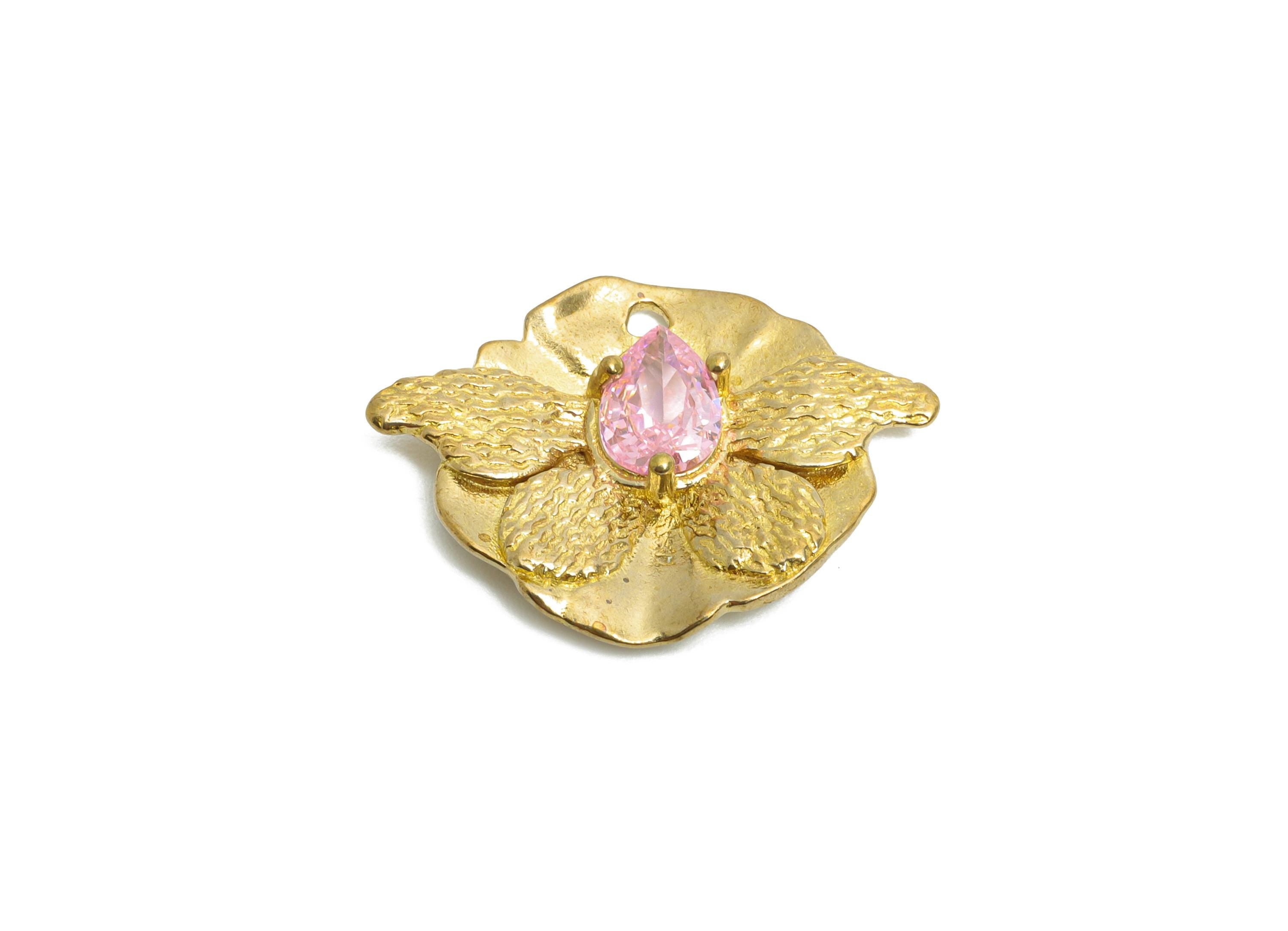 Raw Brass Butterfly Charms- Brass Textured Insect Charm - Elegant Pink Drop Crystal Charms - Refined Jewelry Making - 23x17x3.7mm - PP11098 - DOMEDBAZAAR