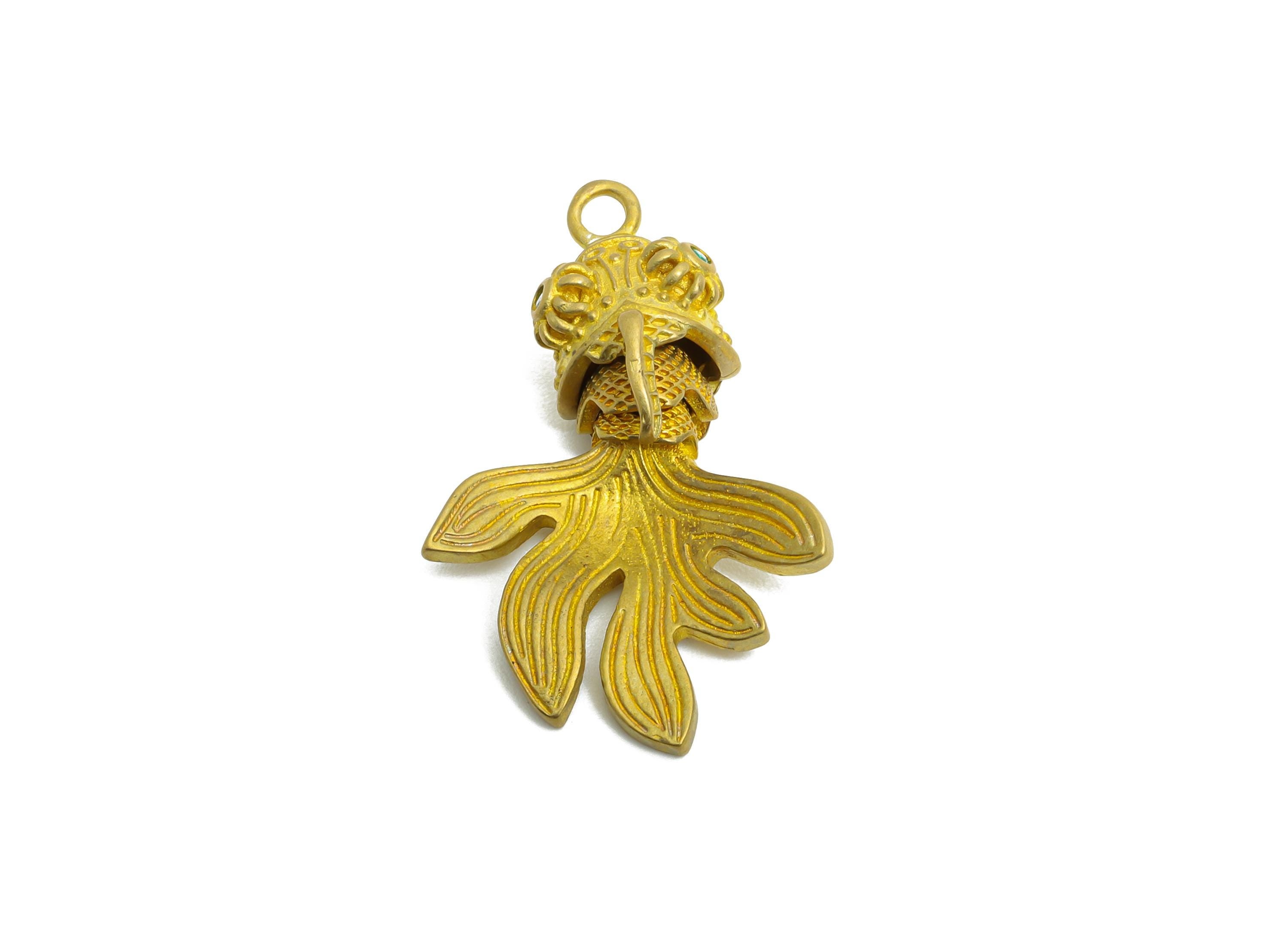 Movable Articulated Fish Charm - Brass Textured Whale Charm - Cubic Zircon Green Articulated Fish Marine Pendant - 25x13.9x8.33mm - PP11103 - DOMEDBAZAAR