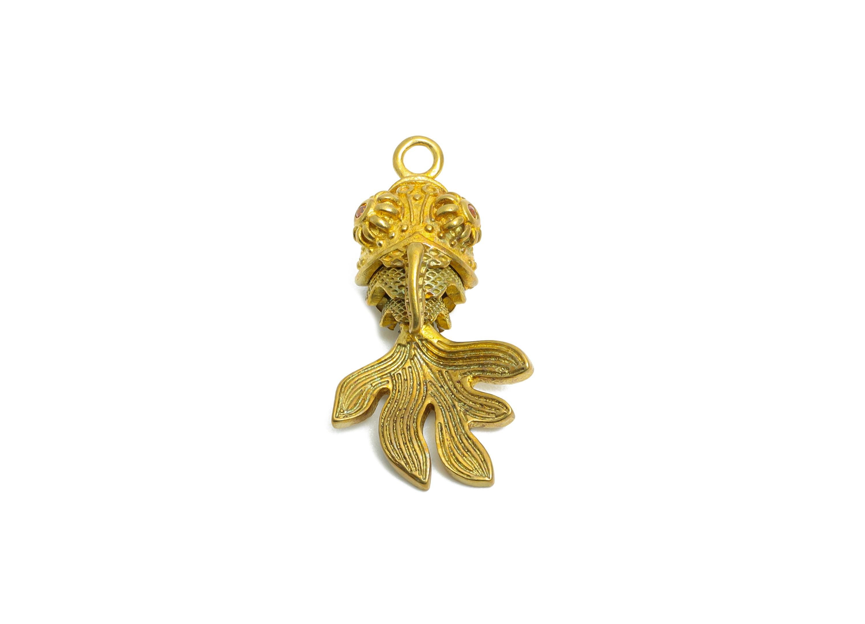 Movable Articulated Fish Charm - Brass Textured Whale Charm - Cubic Zircon Orange Articulated Fish Marine Pendant - 25x13.9x8.33mm - PP11102 - DOMEDBAZAAR