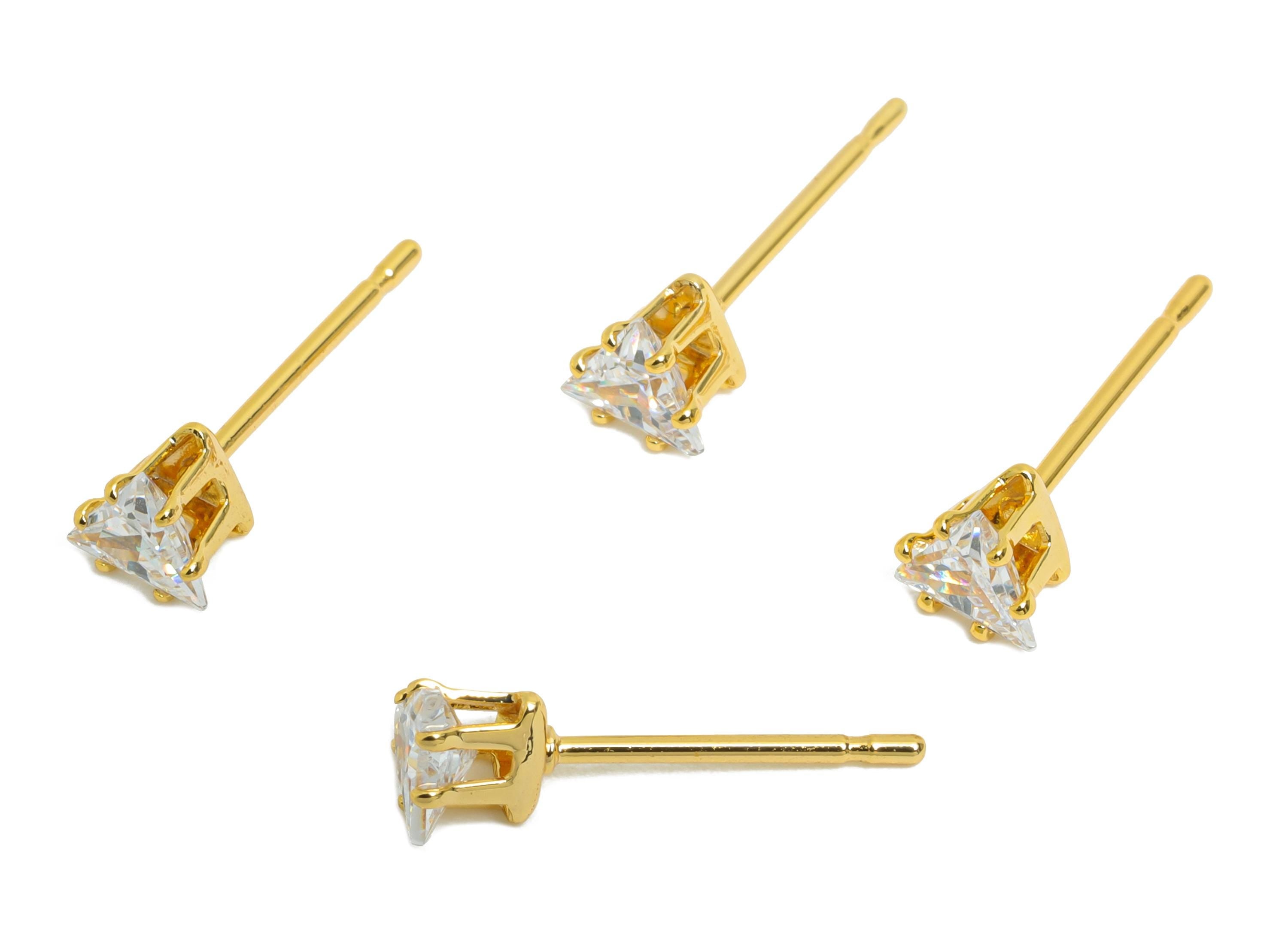 Minimalist Triangle Earring Post - Brass Simple Tiny Gem Stud - Cubic Zircon Sparkling Post - 18K Real Gold Plated - 4x4x3.6mm - RGP9642 - DOMEDBAZAAR