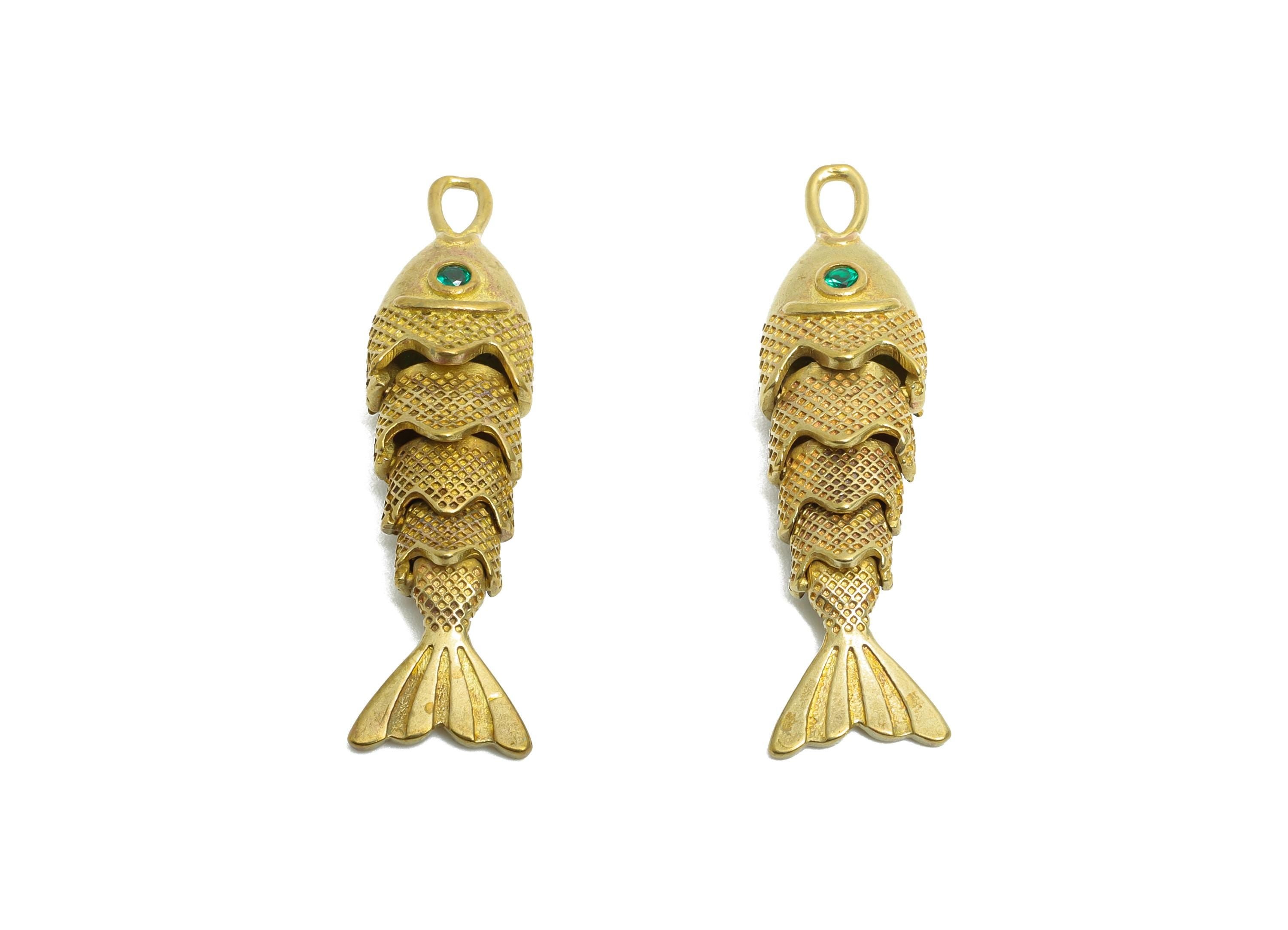 Movable Articulated Fish Charm - Brass Textured Dainty Fish Charm - Cubic Zircon Orange Articulated Fish Earring Charm - 32x8x6mm - PP11116 - DOMEDBAZAAR