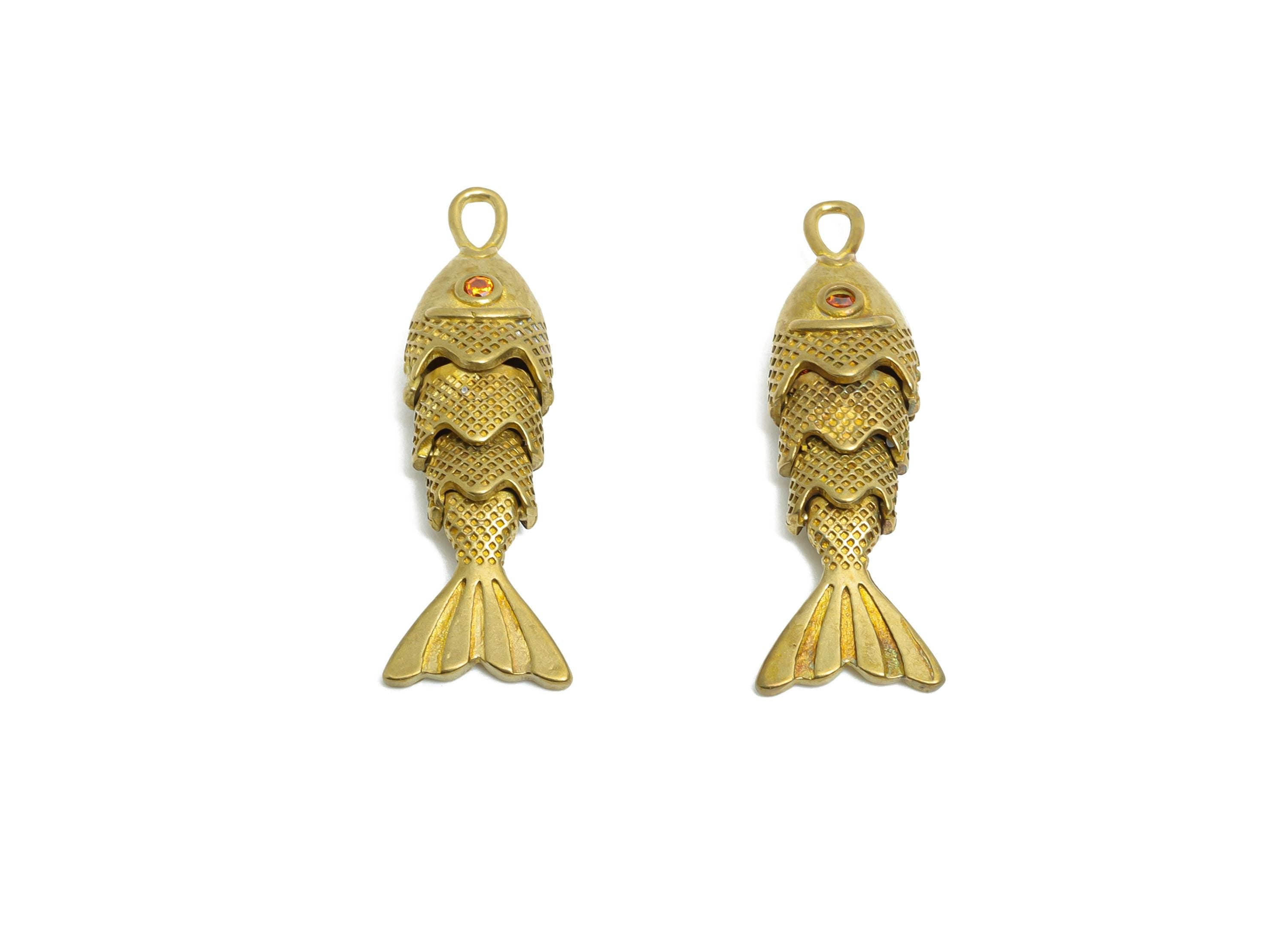 Movable Articulated Fish Charm - Brass Textured Dainty Marine Pendant - Cubic Zircon Sparking Articulated Earring Charm - 26x9x5mm -PP11114 - DOMEDBAZAAR
