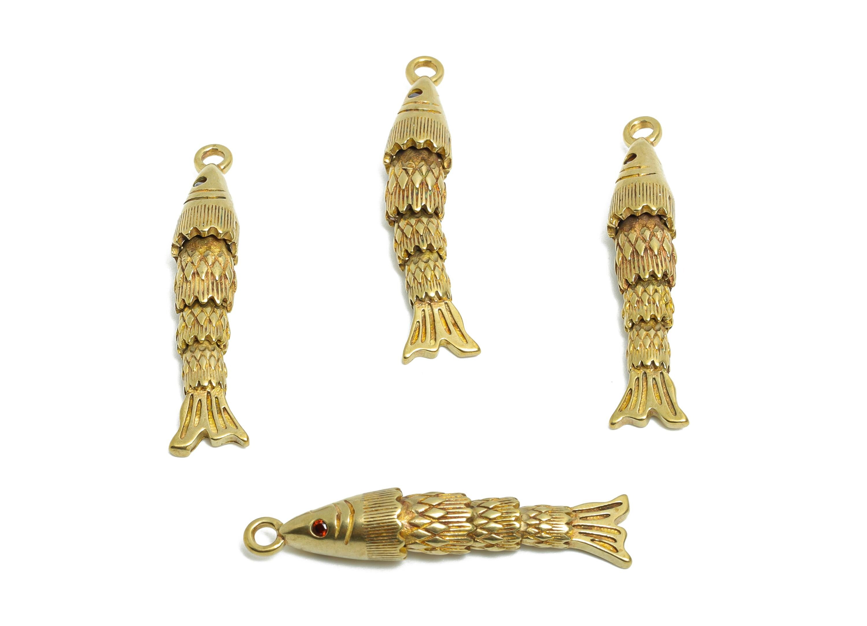 Movable Articulated Fish Charm - Brass Textured Dangle Marine Pendant - Cubic Zircon Sparking Articulated Earring Charm - 30x5x5mm -PP11122 - DOMEDBAZAAR