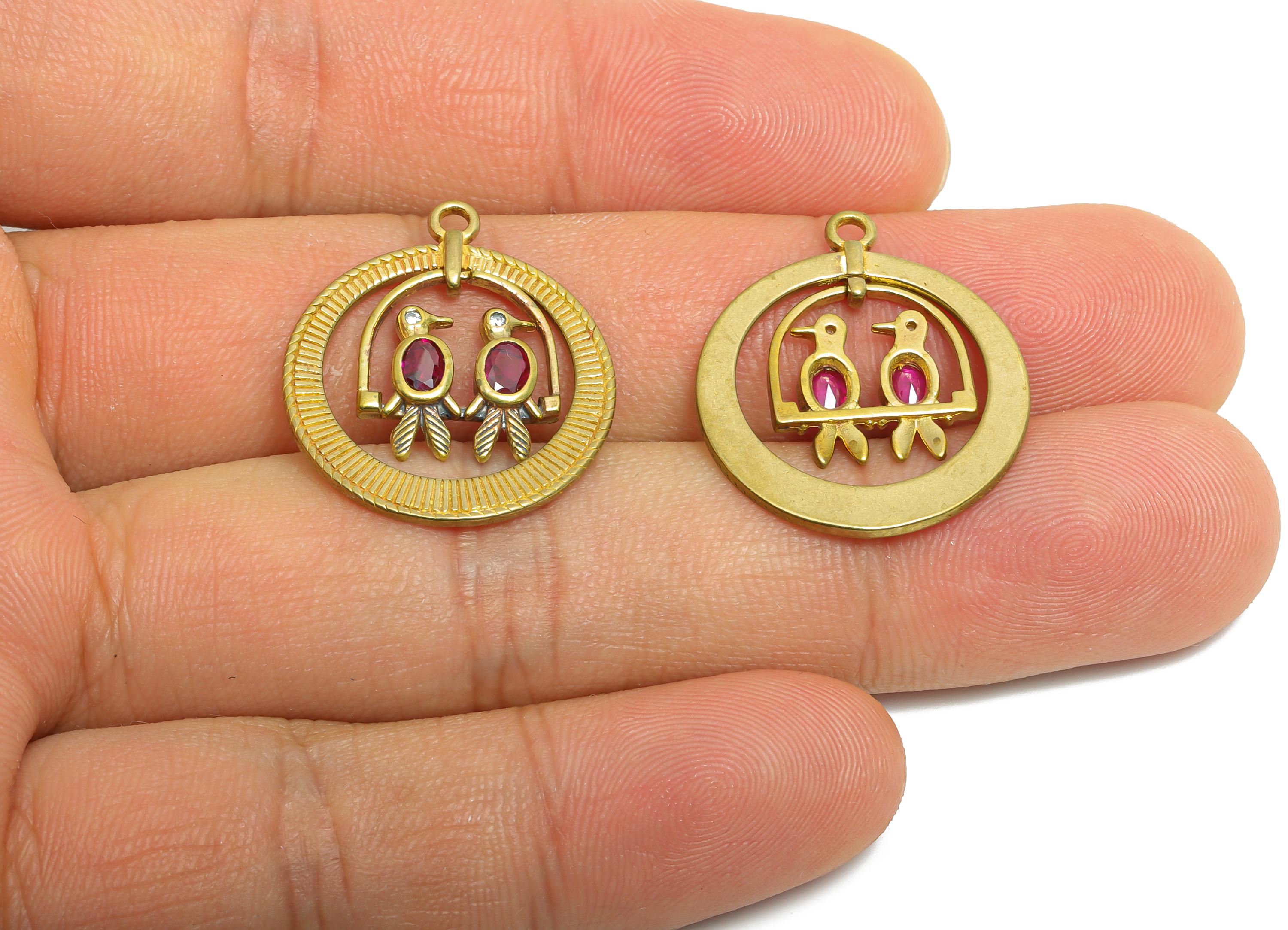 Perching Bird Pendant with Gemstones - Brass Textured Bird Charm - Vintage Zircon Circular Red Stone Pendant - 25x21x2.4mm - PP11097 - DOMEDBAZAAR