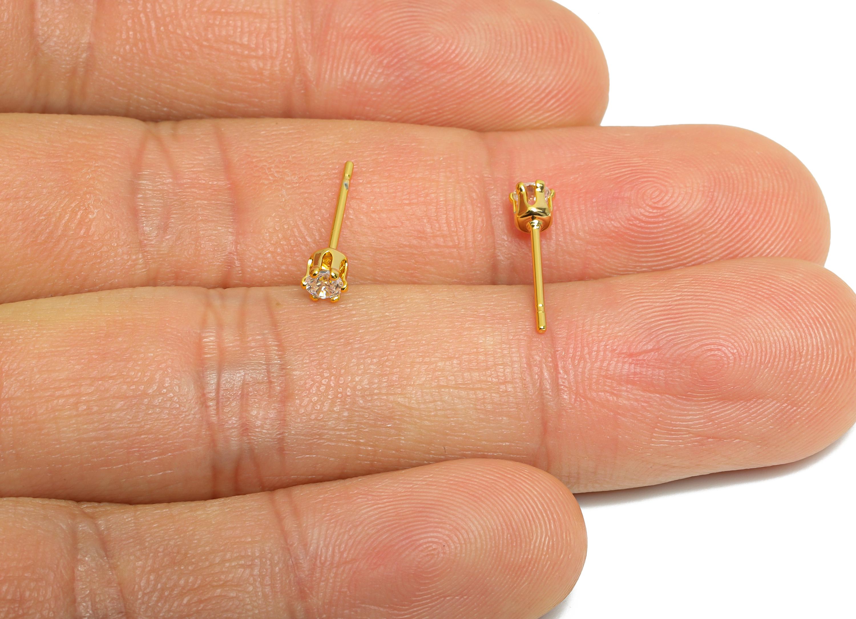Minimalist Tiny Earring Post - Brass Simple Mini Gem Stud - Cubic Zircon Sparkling Post - 18K Real Gold Plated - 3x3x3mm - RGP9641 - DOMEDBAZAAR