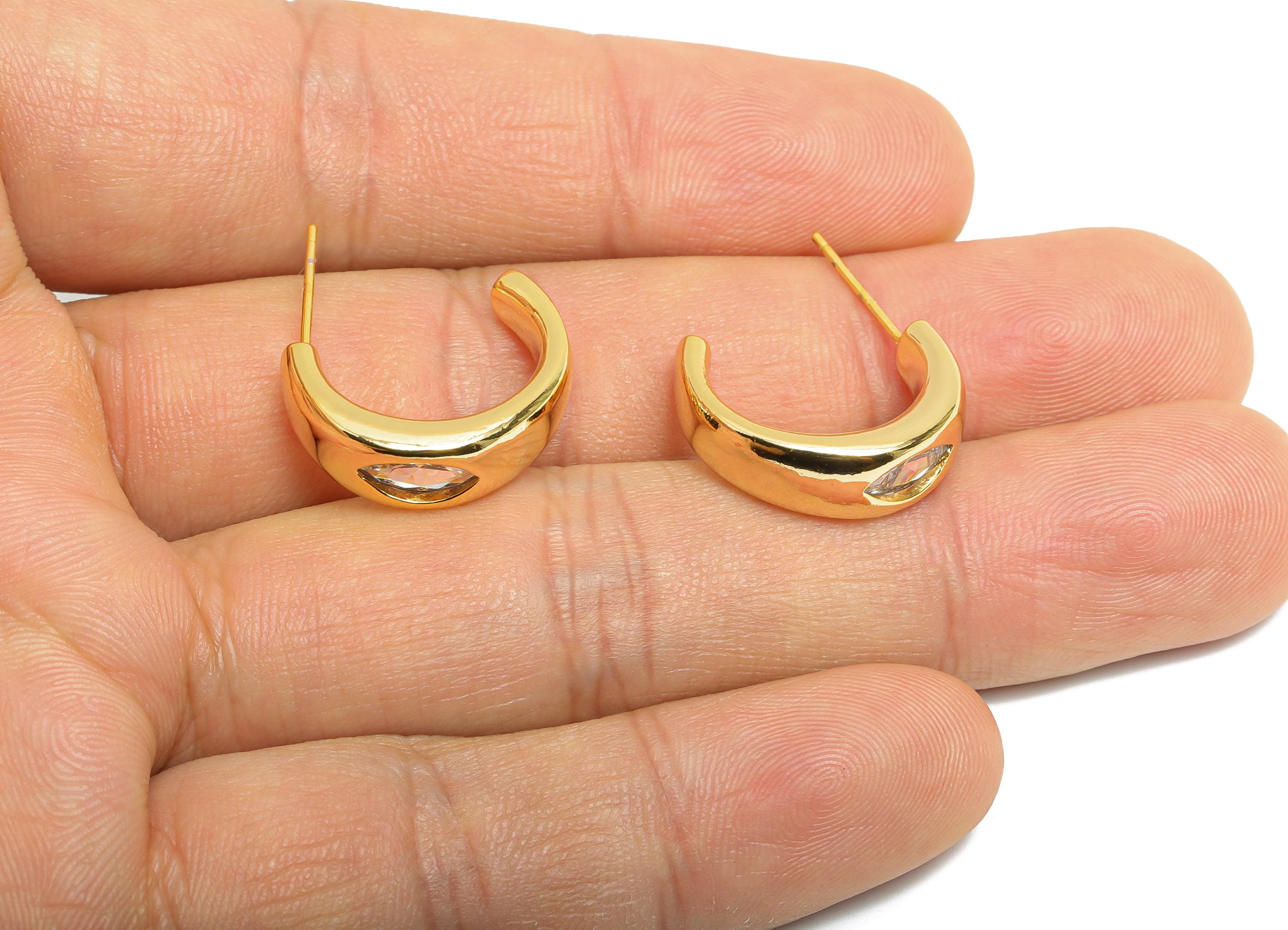 Brass Marquise Hoop Post - Brass Minimalist Sleek Hoop C Earring - Cubic Zircon Earring - 18K Real Gold Plated - 19x14x6mm - RGP9657 - DOMEDBAZAAR