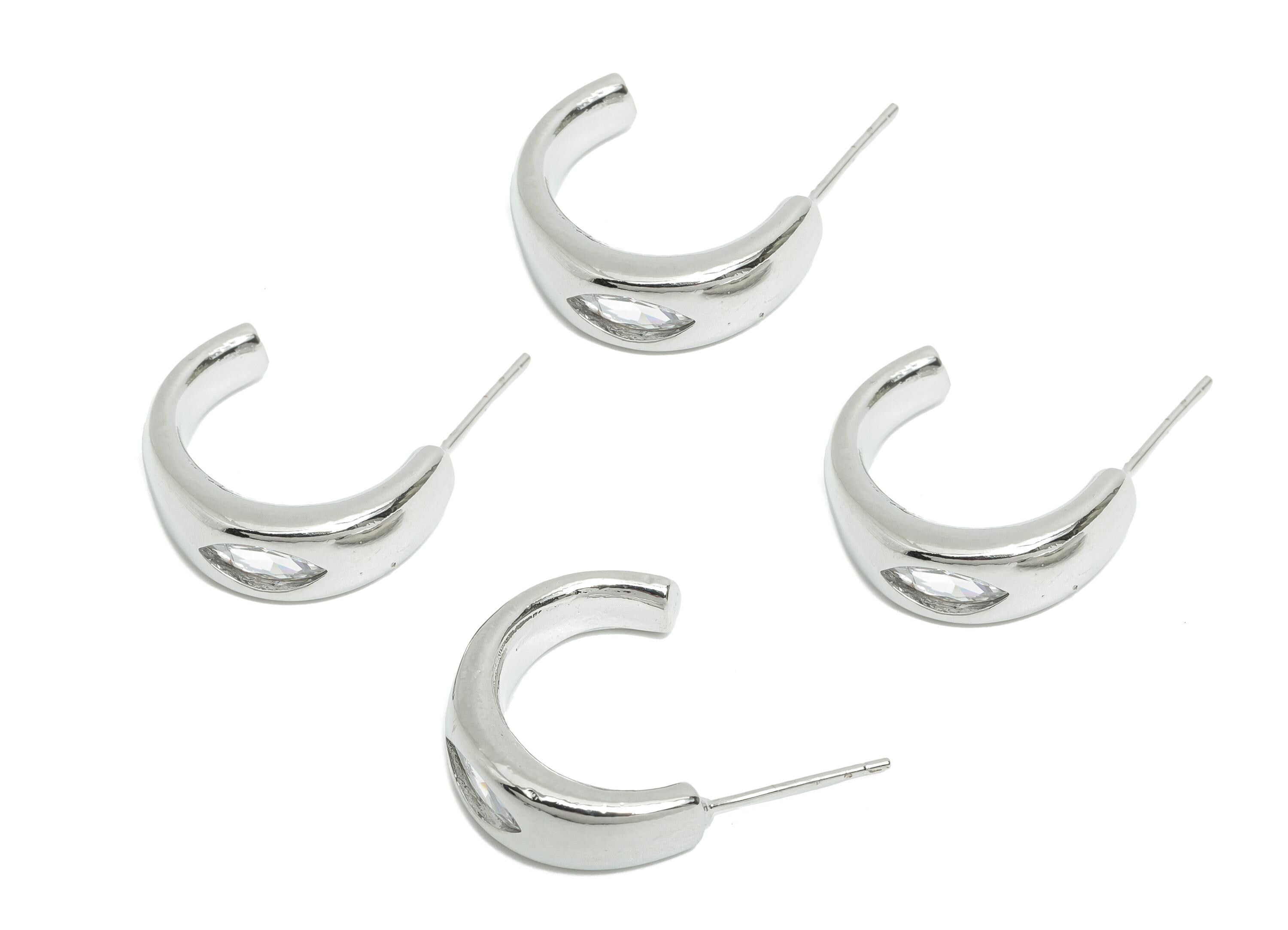 Brass Marquise Hoop Post - Brass Minimalist Sleek Hoop C Earring - Cubic Zircon Earring - 18K Real White Gold Plated - 19x14x6mm-RGP9657S - DOMEDBAZAAR