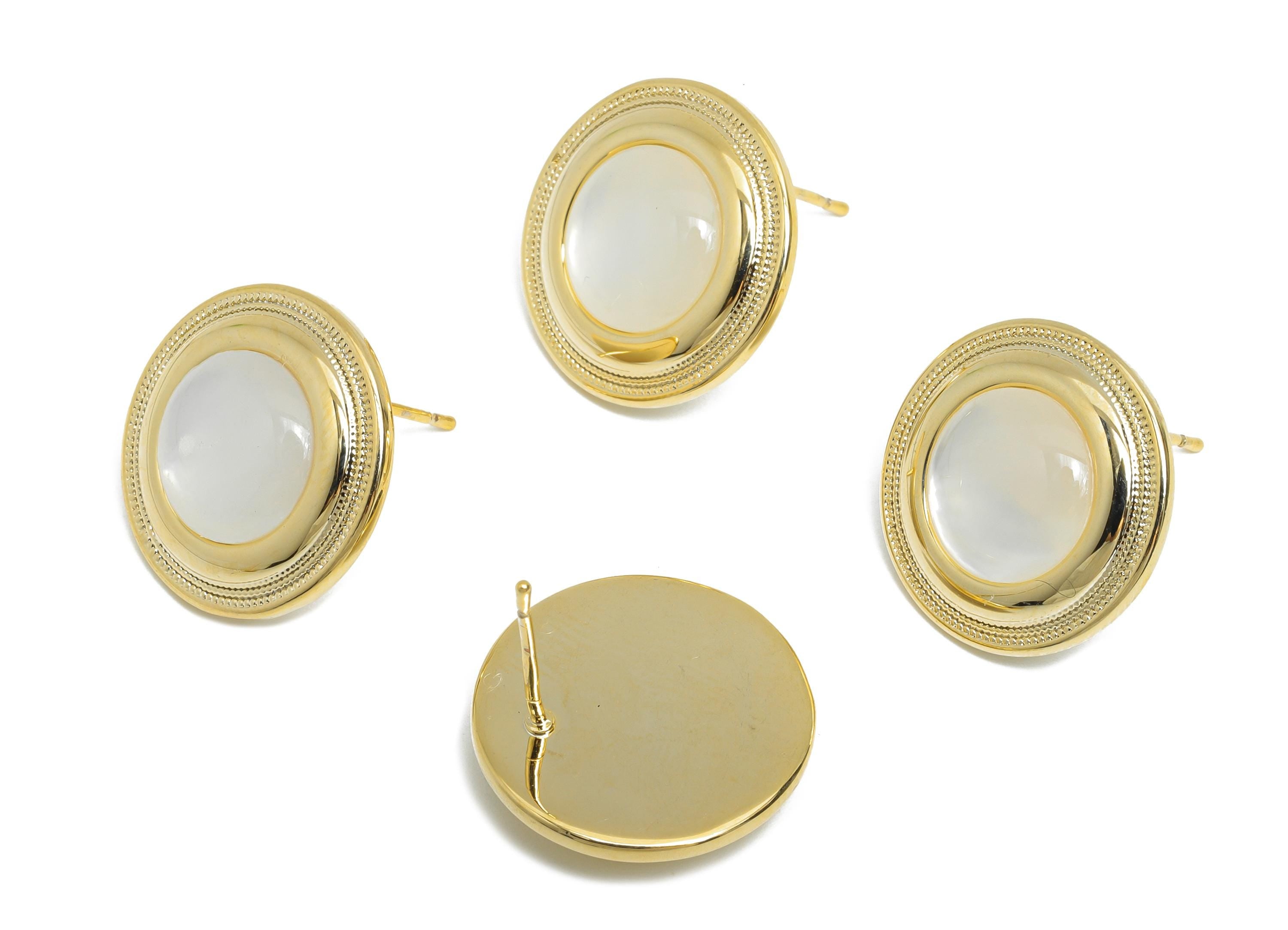 Sparkling Round Stud Earring - Brass Circle Seashell Earring - Refined Gold Earring Post - 18K Real Gold Plated -17.35x17.24x0.74mm -RGP9596 - DOMEDBAZAAR