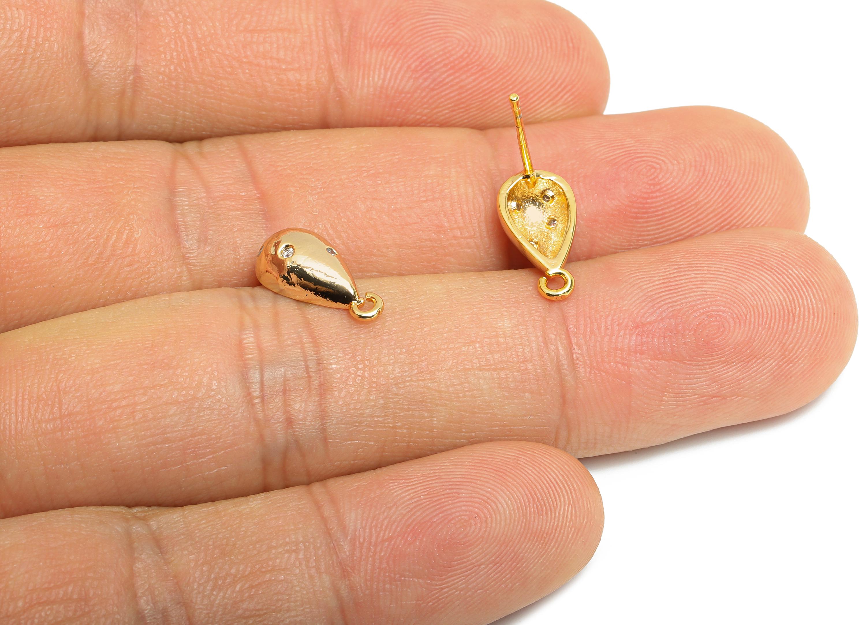 Brass Drop Earring Stud - Brass Cubic Zircon Earring With Loop - DIY Teardrop Earring Base - 18K Real Gold Plated - 13x6x3.77mm - RGP9649 - DOMEDBAZAAR