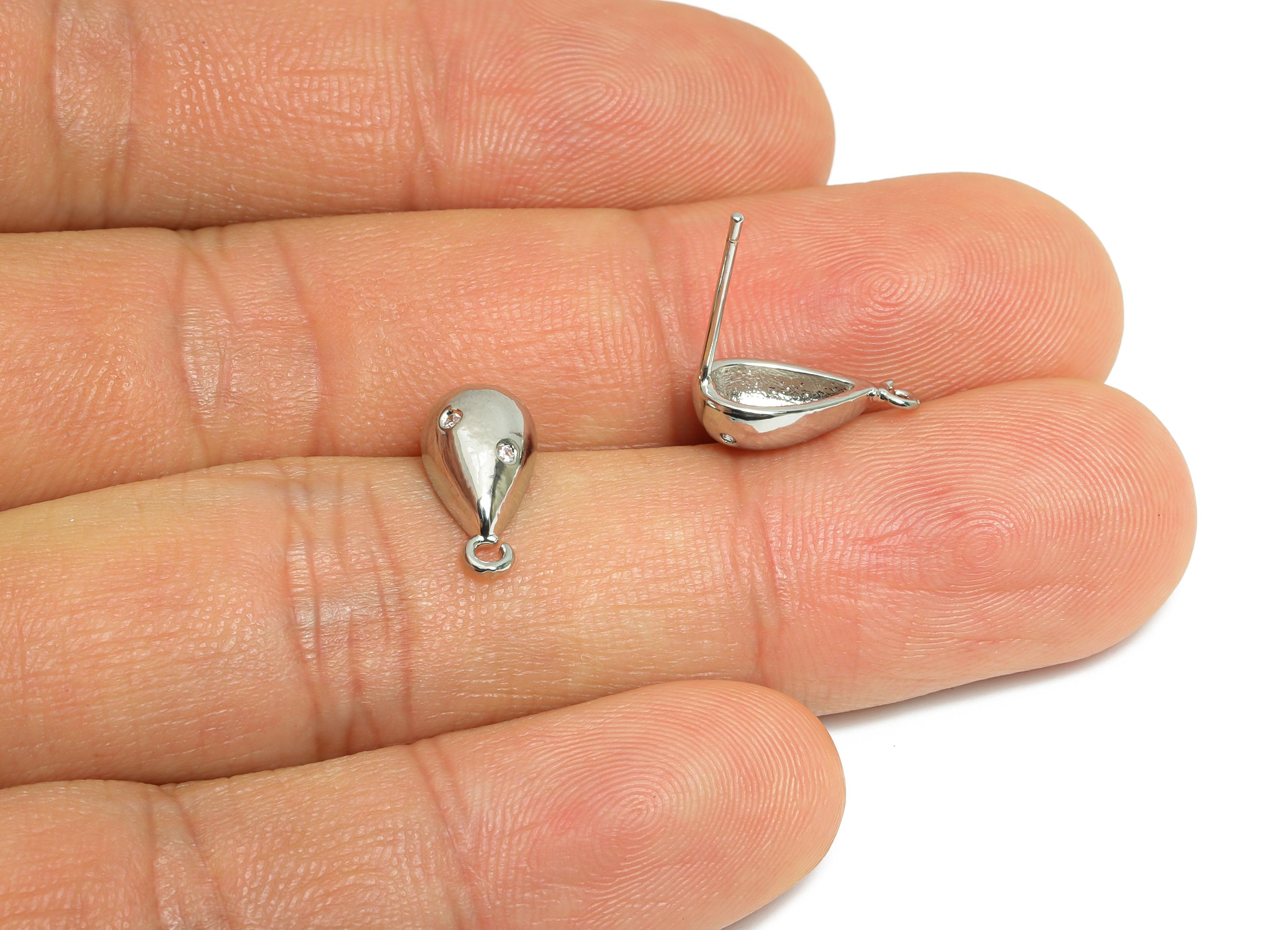 Brass Drop Earring Stud - Brass Cubic Zircon Earring With Loop - DIY Teardrop Earring Base - 18K Real White Gold Plated - 13x6x3mm -RGP9649S - DOMEDBAZAAR