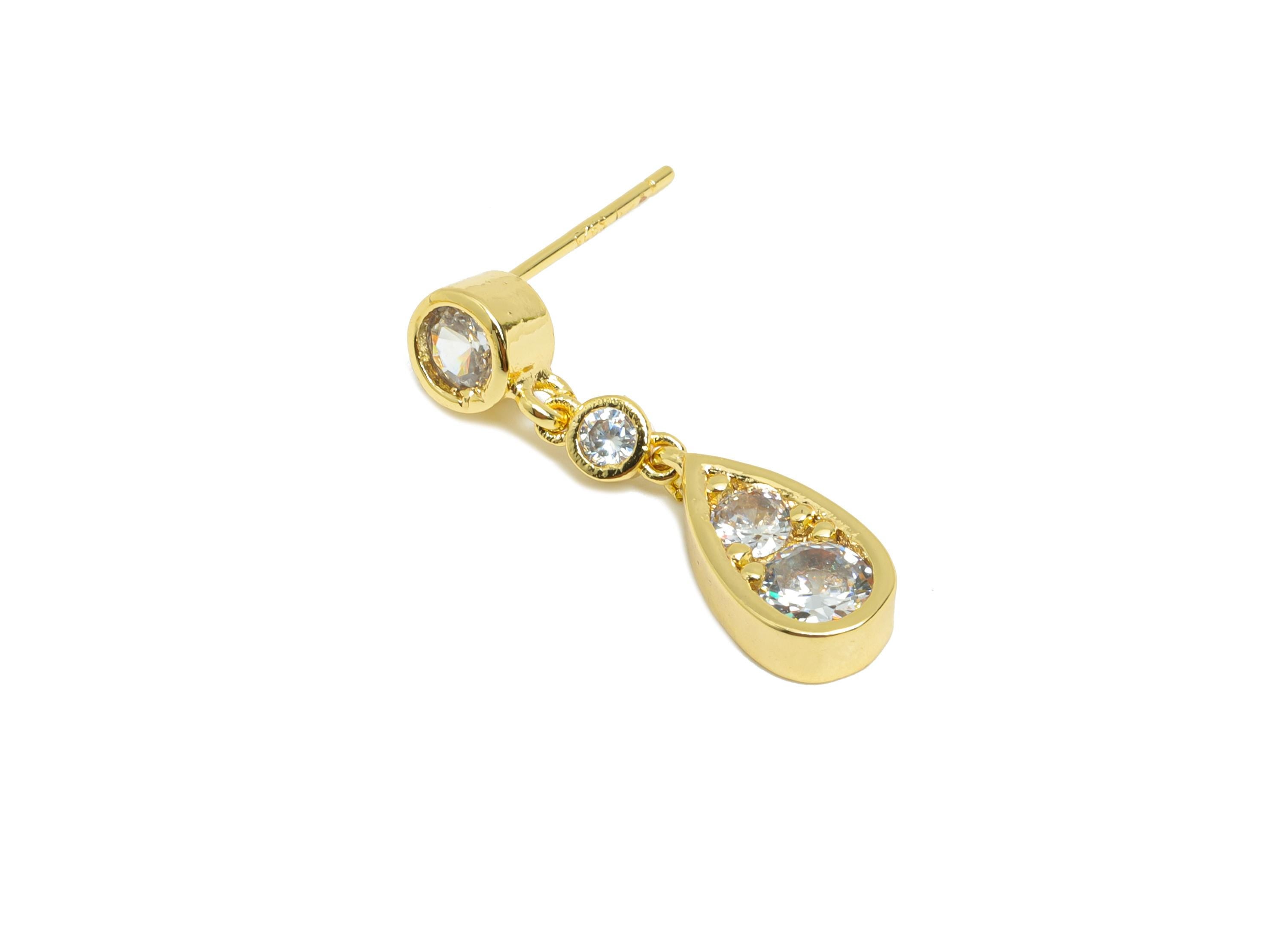 Drop Dangle Earring Stud - Brass Chic Gold Dangling Earring Post - Dainty CZ Earring Stud - 18K Real Gold Plated -24.48x6.29x0.74mm -RGP9610 - DOMEDBAZAAR