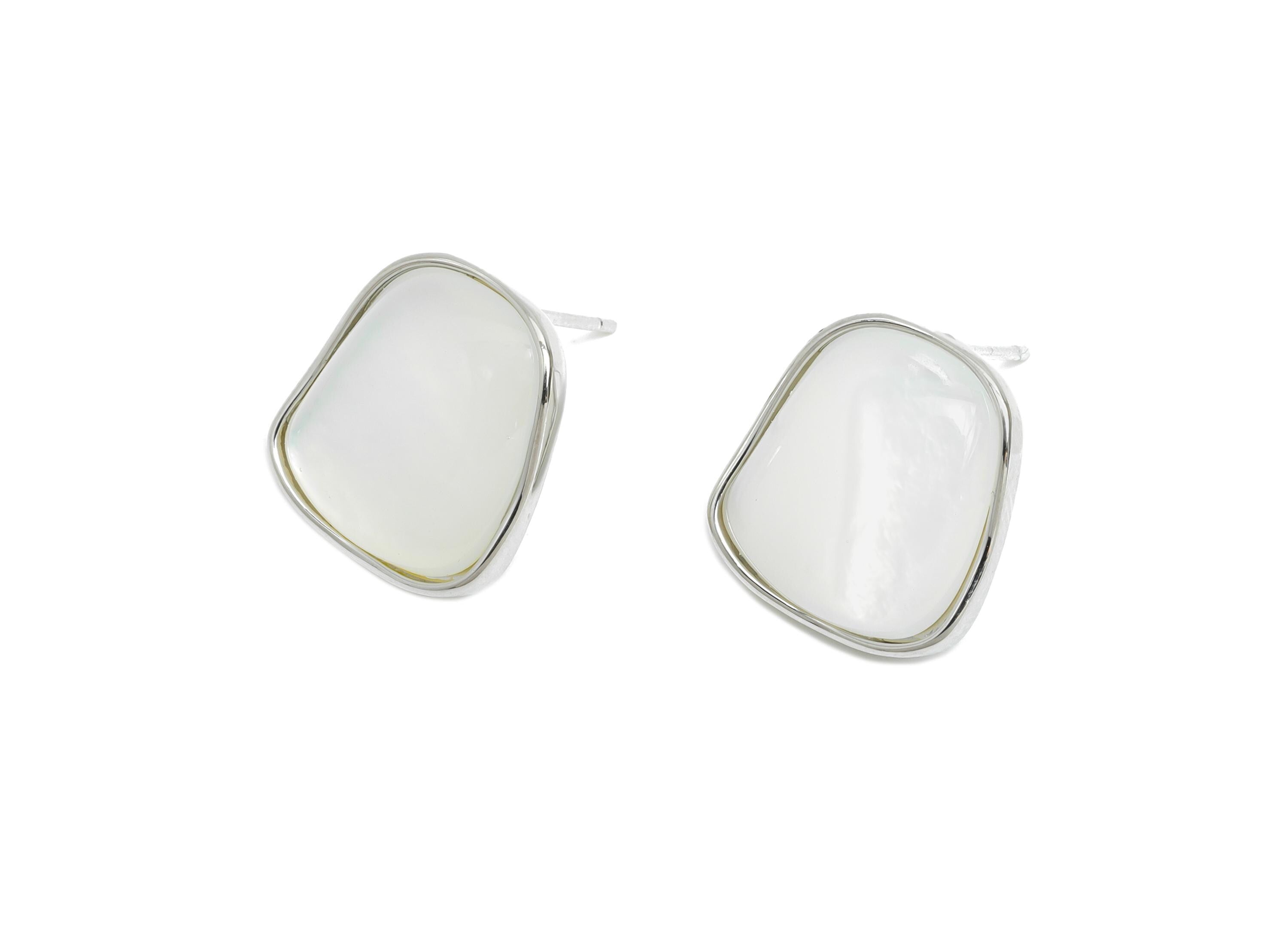 Sparkling Brass Stud - Brass Rectangle Seashell Earring - Geometric Silver Earring Post-18K White Gold Plated - 15.13x13.93x0.74mm-RGP9580S - DOMEDBAZAAR