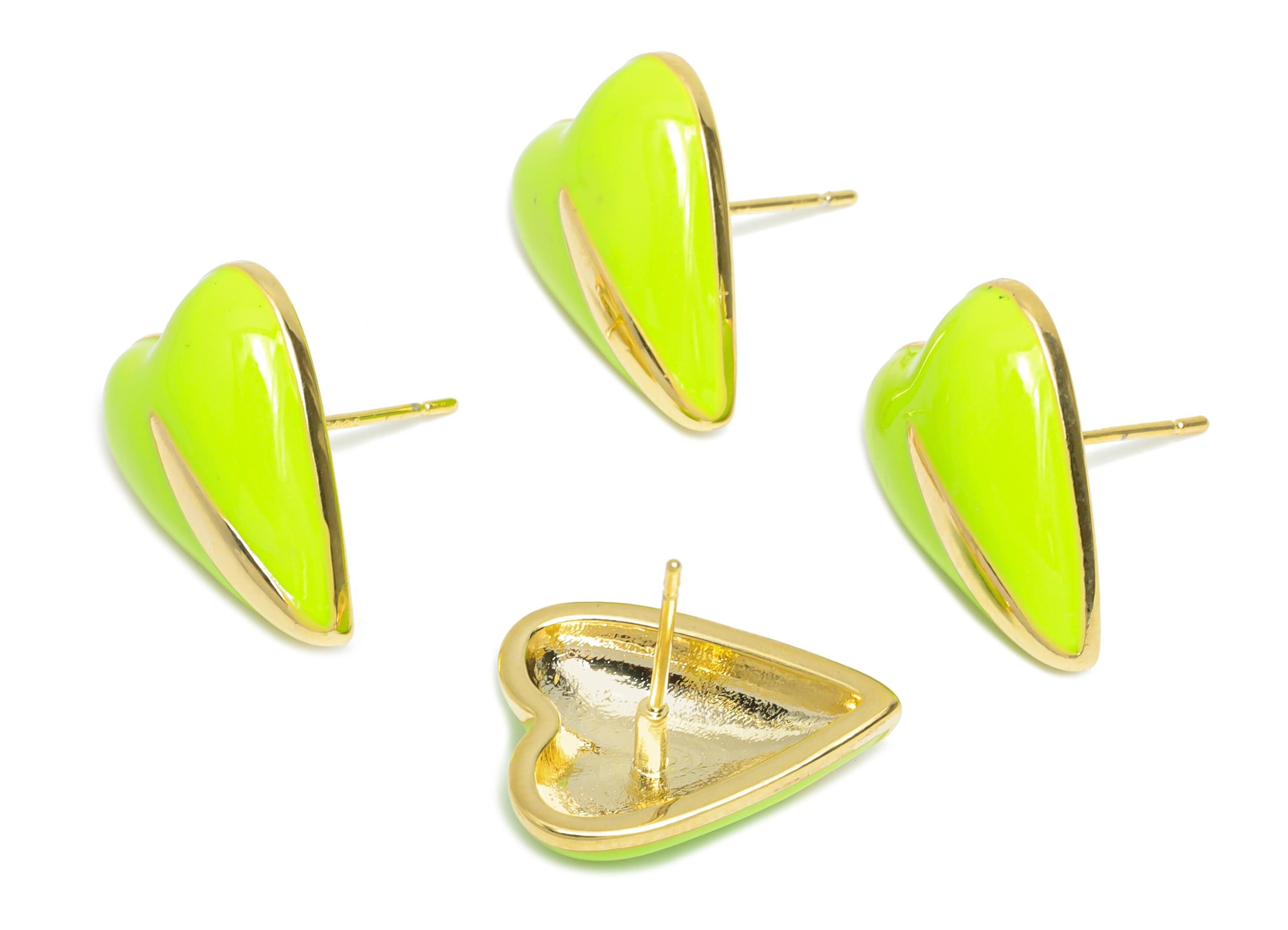 Brass Enamel Heart Posts - Green Enamel Chic Colorful Earring Stud - Refined Jewelry - 18K Real Gold Plating - 17.6x13.59x0.7mm - RGP9605C - DOMEDBAZAAR