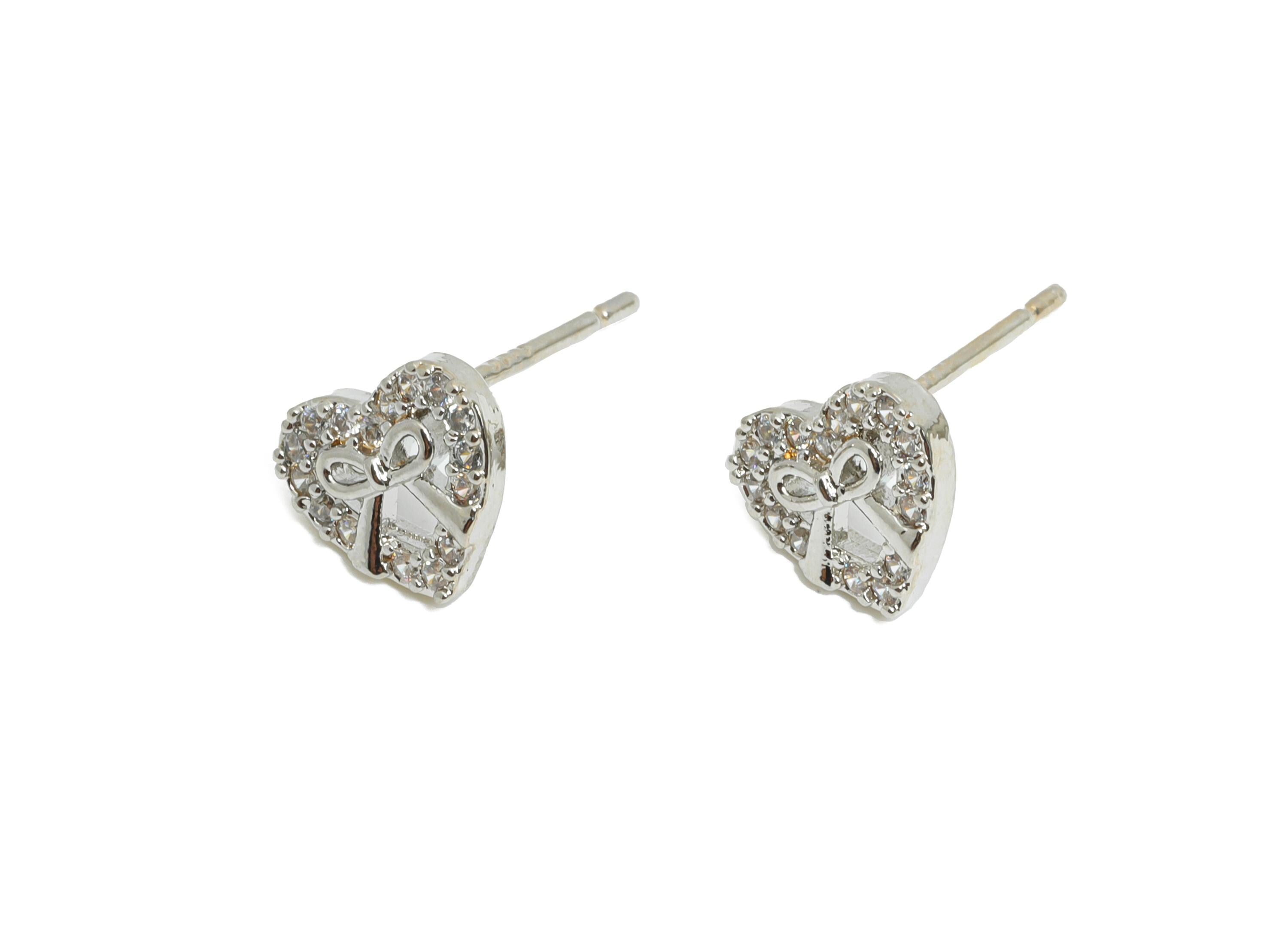 Brass Heart Earring Post - Brass Sparking Tiny Heart Earring Stud - Crystal Cute Bow Earring - 18K Real White Gold Plated - 8x7x2mm-RGP9665S - DOMEDBAZAAR