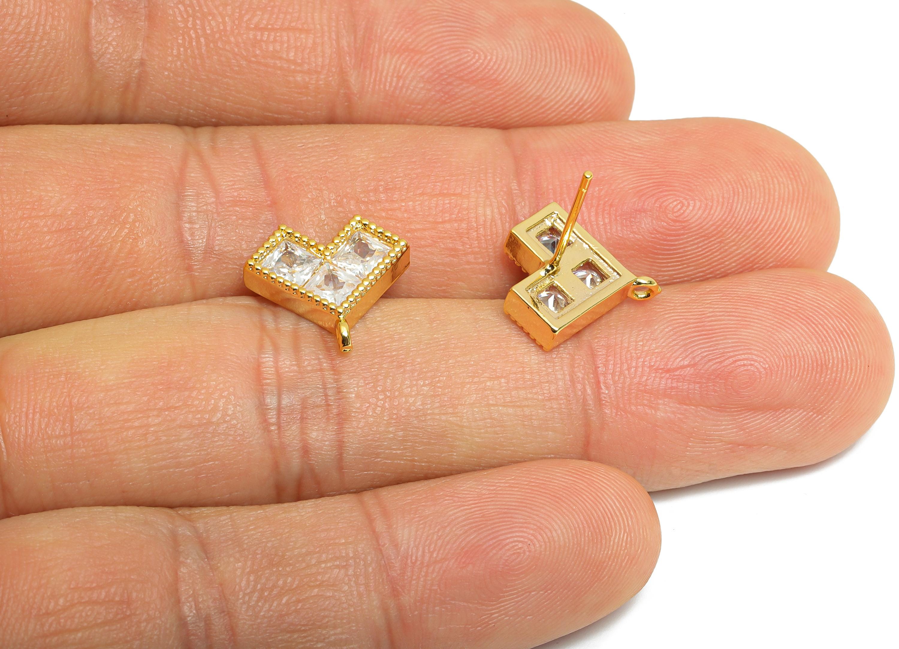 Brass CZ Heart Post - Brass Gold Geometric Heart Earring Stud - Bold Earring Stud With Loop - 18K Real Gold Plating - 13x13x3mm - RGP9648 - DOMEDBAZAAR