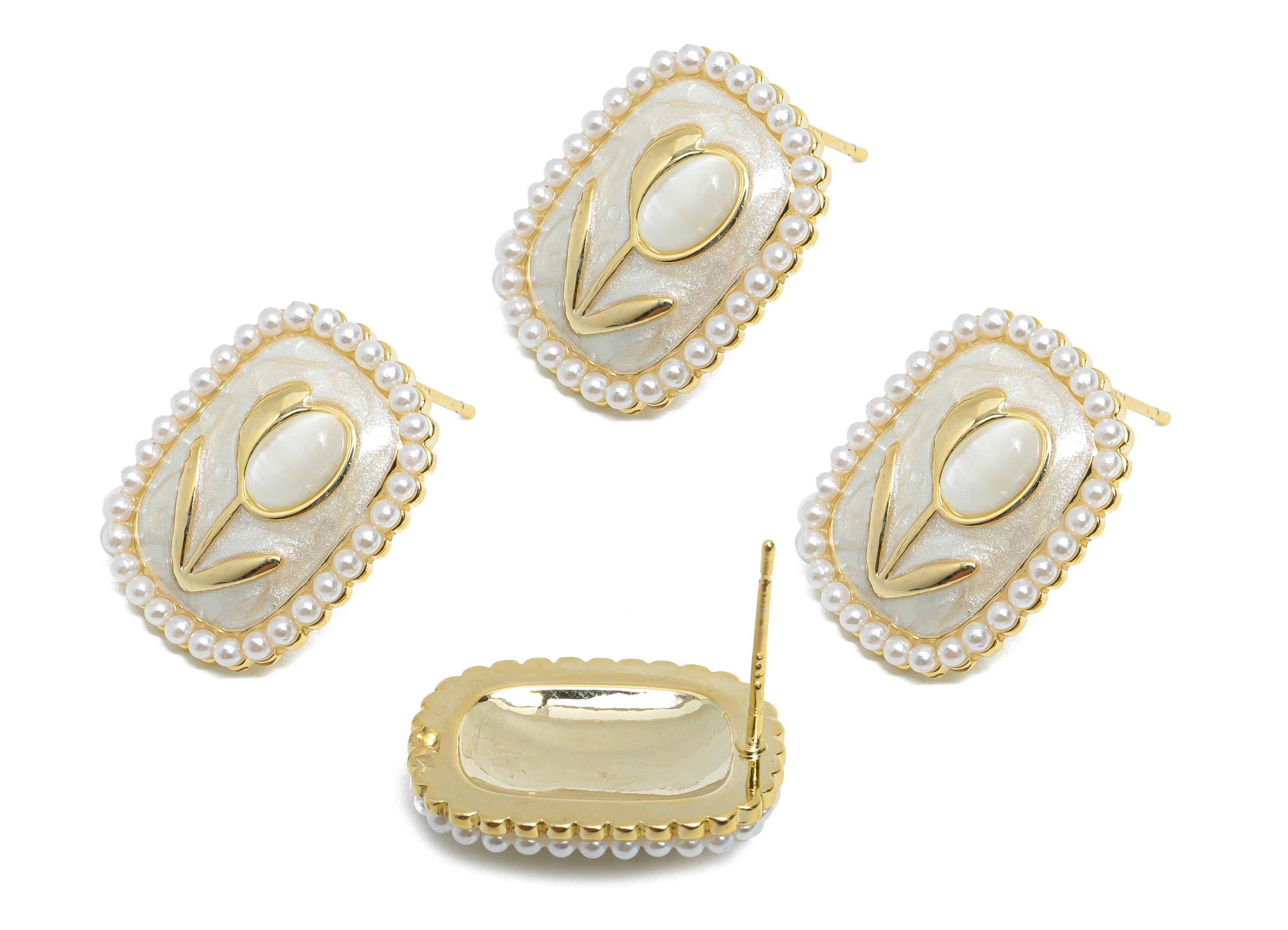 Brass Enamel Earring Stud - White Opal Stone Tulip Earring - Rectangle Imitation Pearl Earring -18K Gold Plated -18.69x14.52x0.71mm-RGP9582C - DOMEDBAZAAR