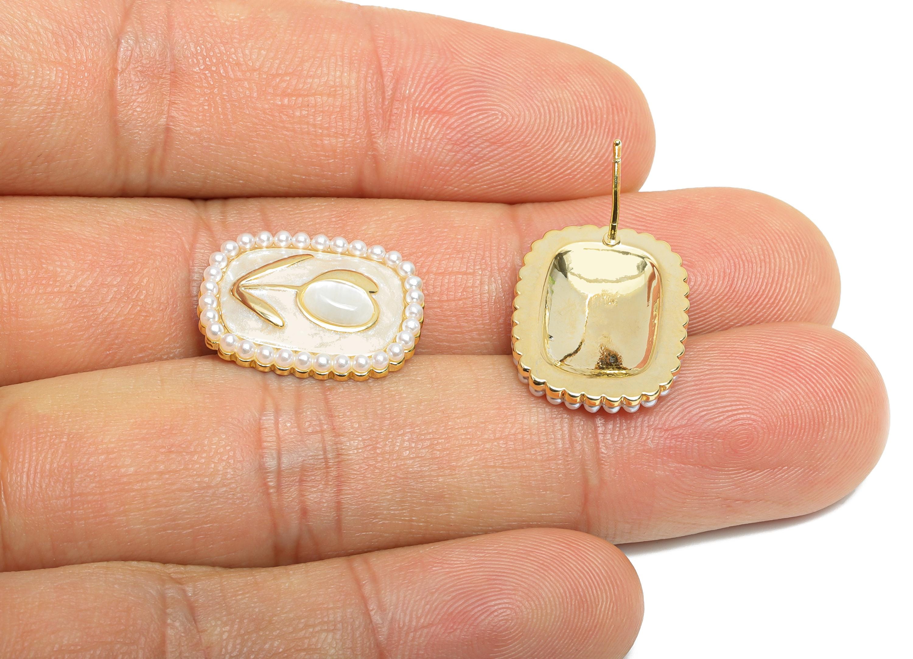 Brass Enamel Earring Stud - White Opal Stone Tulip Earring - Rectangle Imitation Pearl Earring -18K Gold Plated -18.69x14.52x0.71mm-RGP9582C - DOMEDBAZAAR