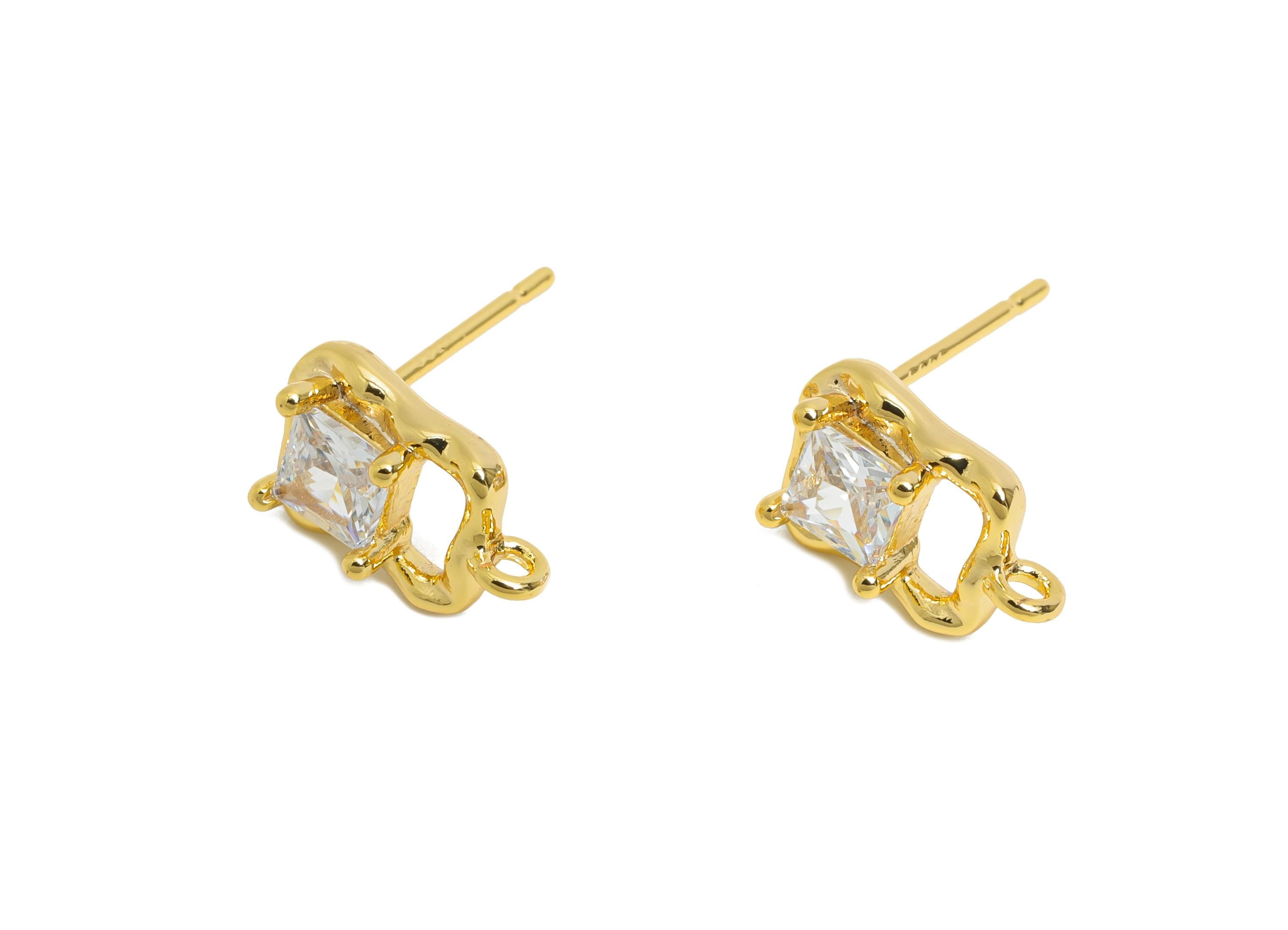 Square Gemstone Post - Brass Gold Geometric Earring Stud - Modern Earring Stud With Loop - 18K Real Gold Plating - 11.6x7x3mm - RGP9655 - DOMEDBAZAAR