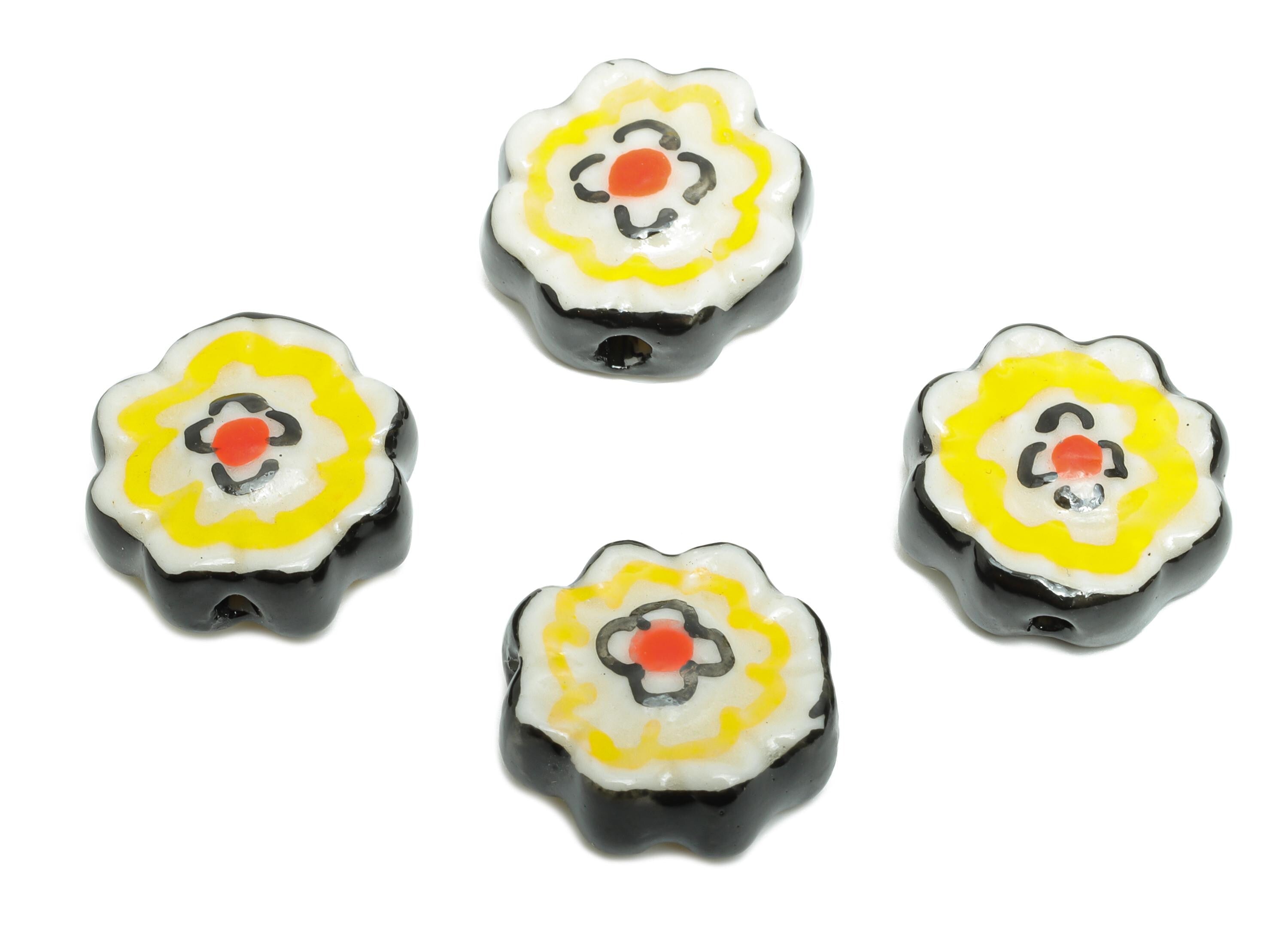 Glazed Ceramic Flower Beads - Handmade Jewelry Component - Handmade Connectors Beads - Boho Bead for DIY Crafts - 16x16x6.88mm - NS2836 - DOMEDBAZAAR