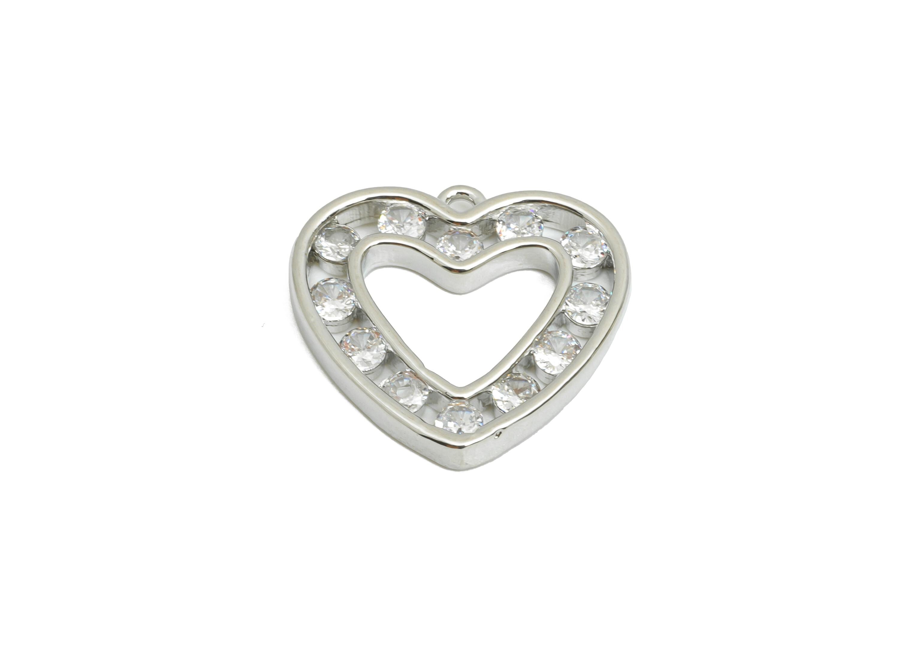 Brass Heart Earring Charm - Brass Sparkling Zircon Pendant - Crystal Romantic Gift Idea - 18K Real White Gold Plated - 17x17x2mm - RGP9670S - DOMEDBAZAAR