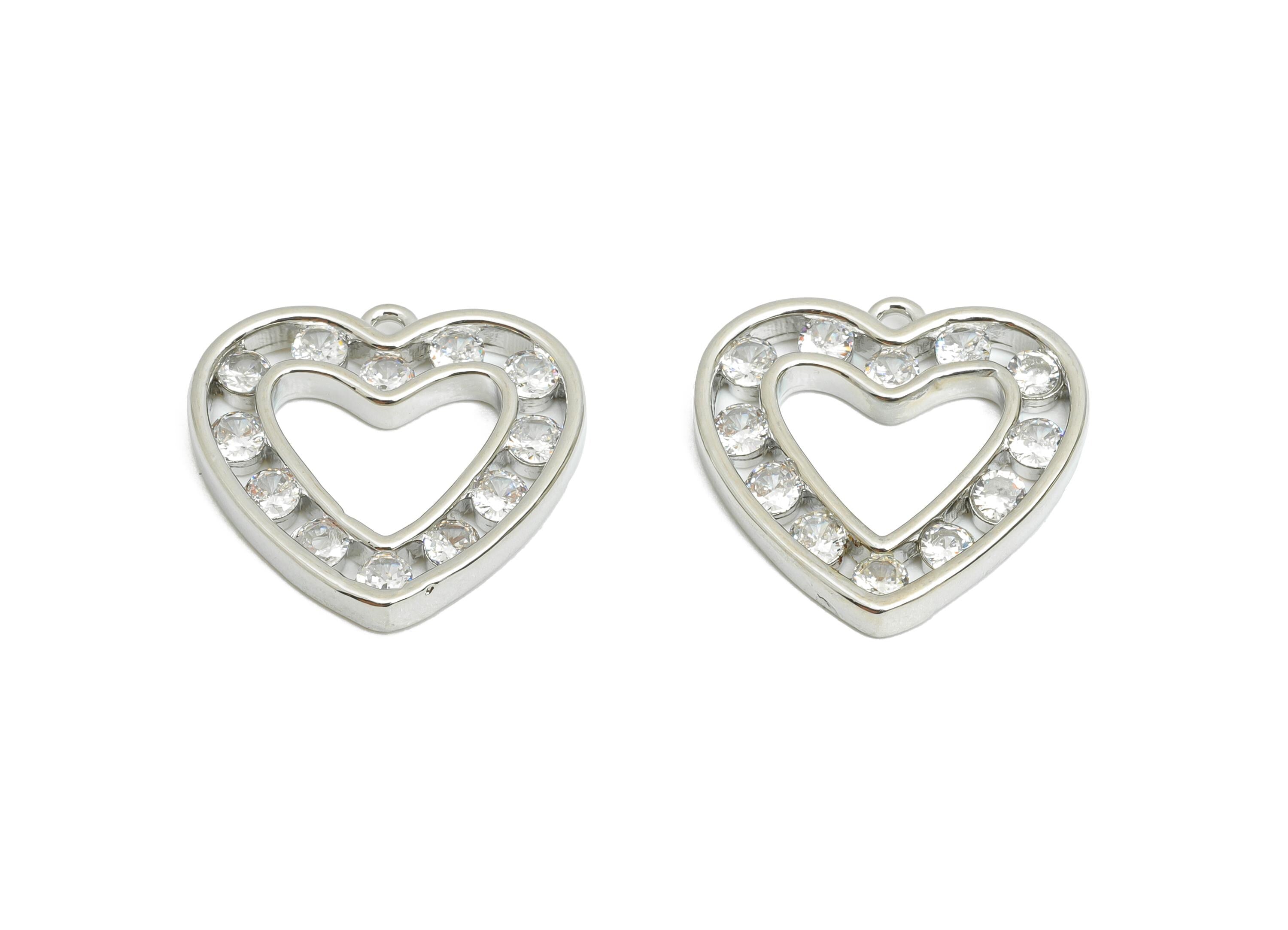 Brass Heart Earring Charm - Brass Sparkling Zircon Pendant - Crystal Romantic Gift Idea - 18K Real White Gold Plated - 17x17x2mm - RGP9670S - DOMEDBAZAAR