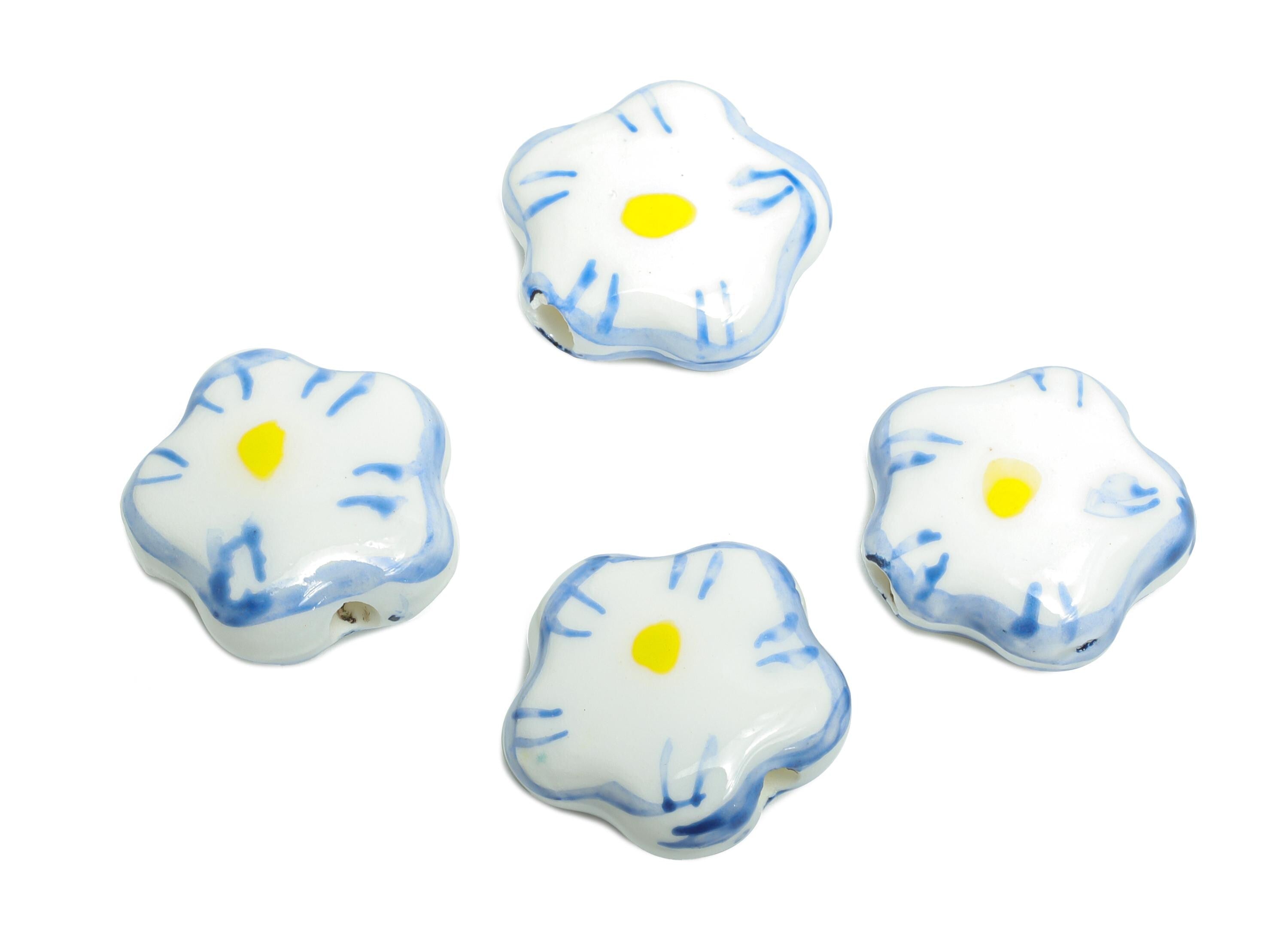 Glazed Ceramic Daisy Beads - Blue Flower Jewelry Component - Handmade Beads Connectors - Jewelry Making Beads - 14.98x15x6.42mm - NS2854C - DOMEDBAZAAR