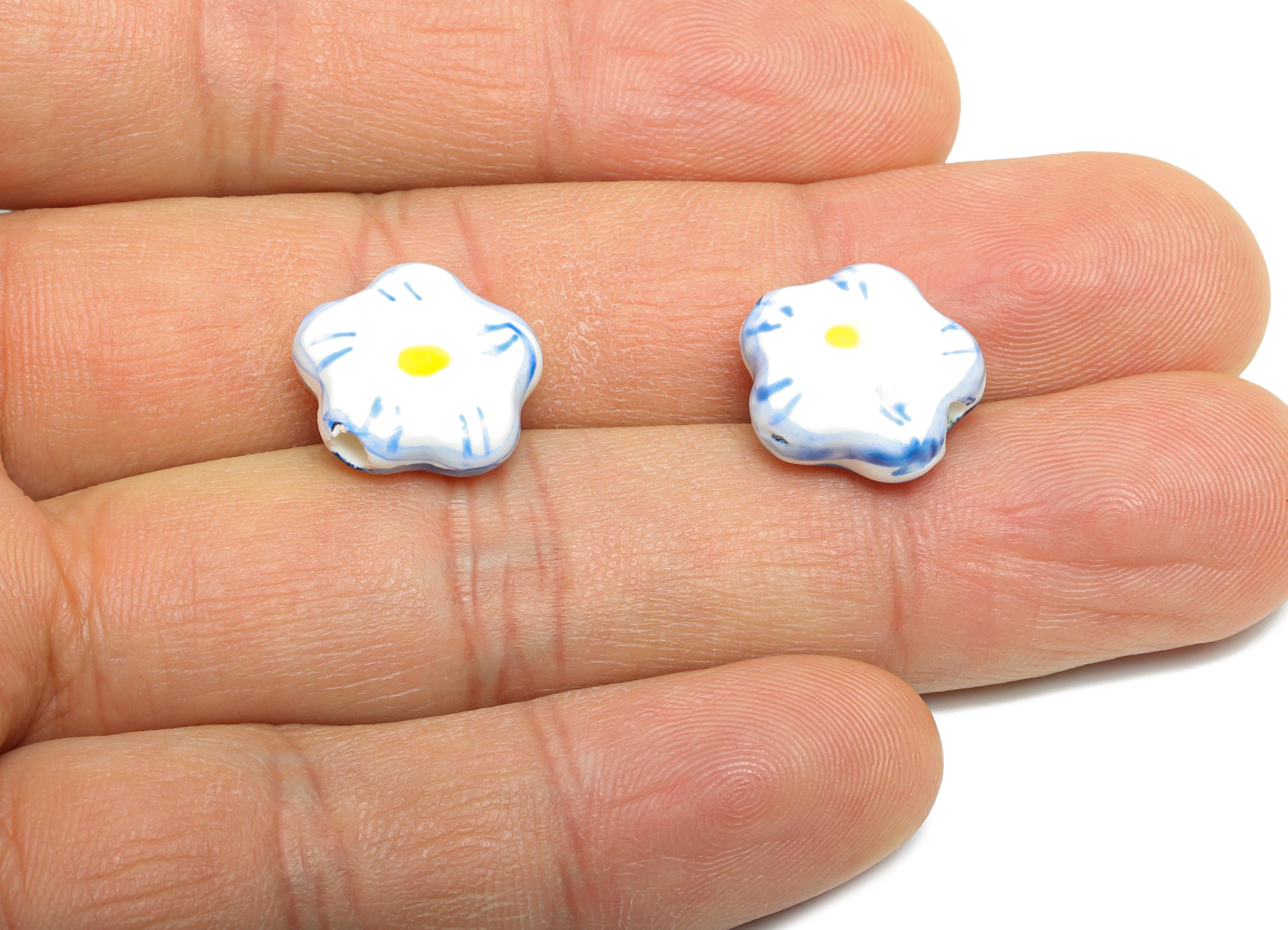 Glazed Ceramic Daisy Beads - Blue Flower Jewelry Component - Handmade Beads Connectors - Jewelry Making Beads - 14.98x15x6.42mm - NS2854C - DOMEDBAZAAR