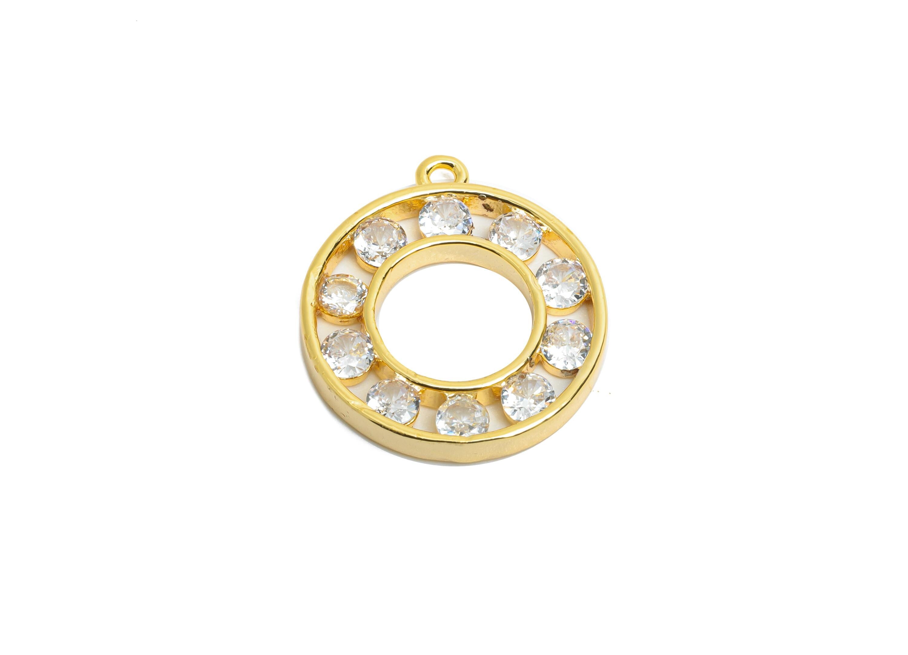 Brass Circle Earring Charm - Brass Sparkling Zircon Pendant - Crystal Geometry CZ Charm - 18K Real Gold Plated - 19x17x2.4mm - RGP9673 - DOMEDBAZAAR