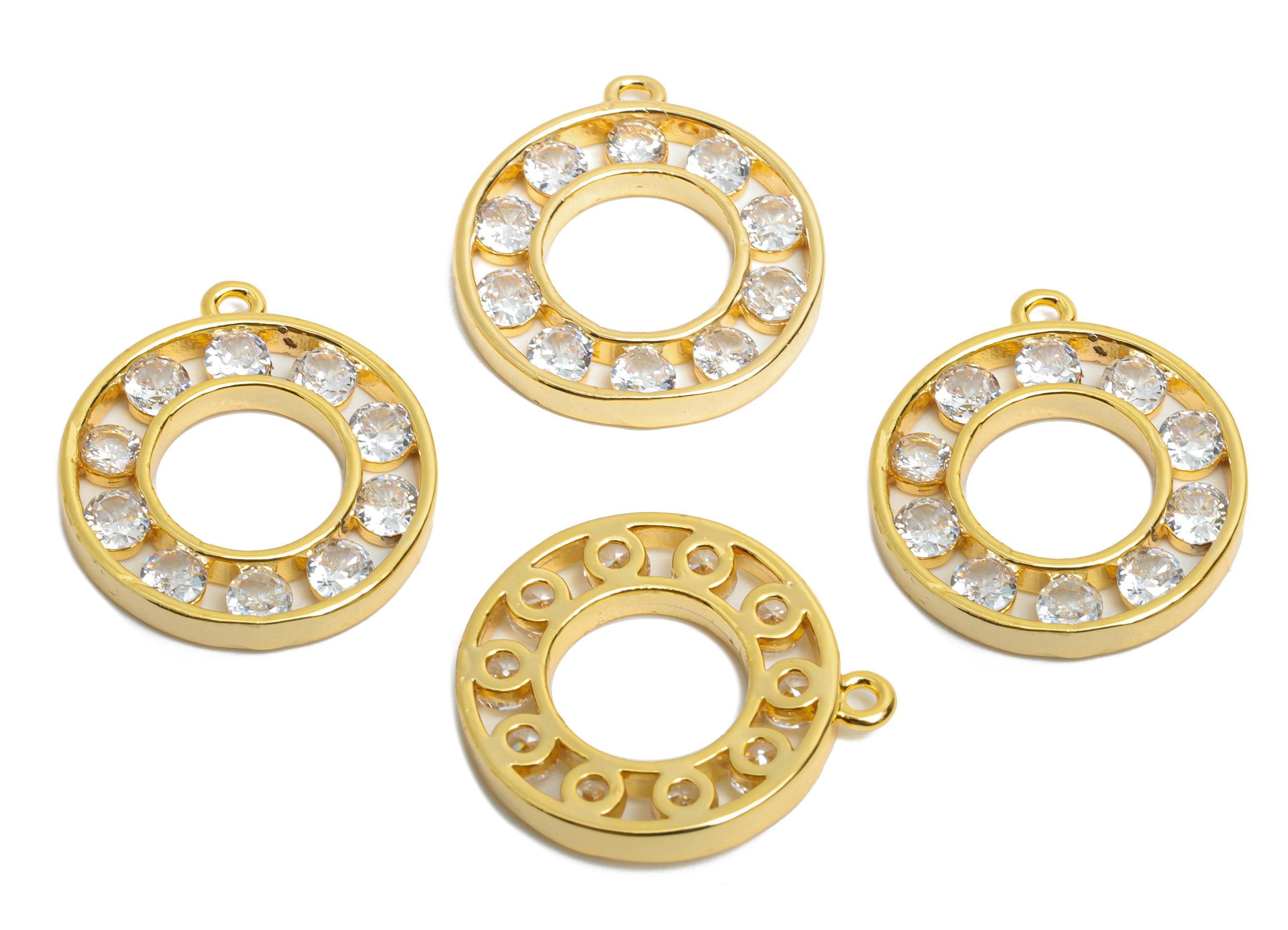 Brass Circle Earring Charm - Brass Sparkling Zircon Pendant - Crystal Geometry CZ Charm - 18K Real Gold Plated - 19x17x2.4mm - RGP9673 - DOMEDBAZAAR