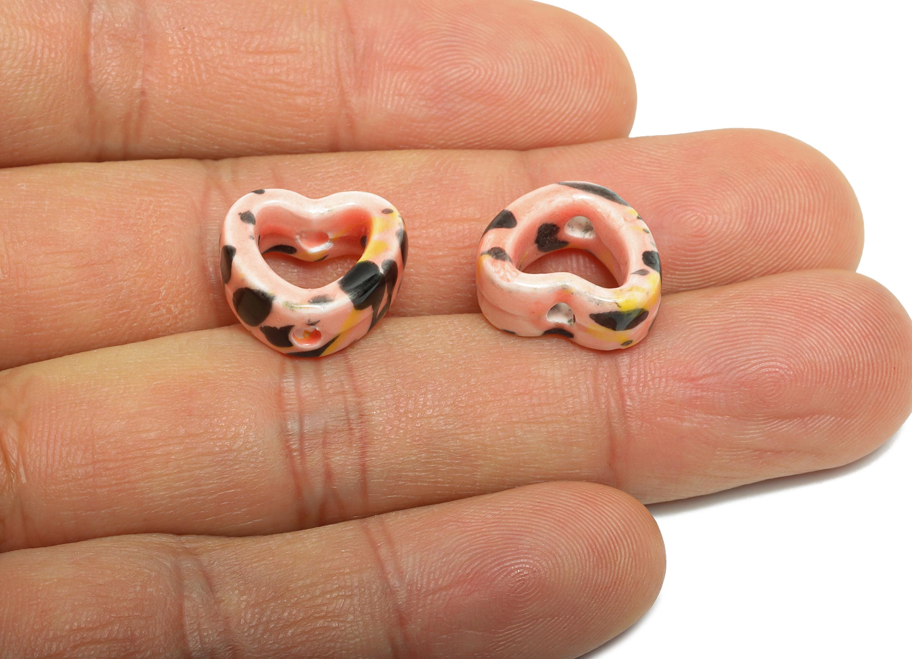 Glazed Ceramic Heart Beads - Colorful Artisan Heart Bead - Handmade Connectors Beads - DIY Jewelry Making- for Bracelets - 13x15x6mm-NS2847C - DOMEDBAZAAR