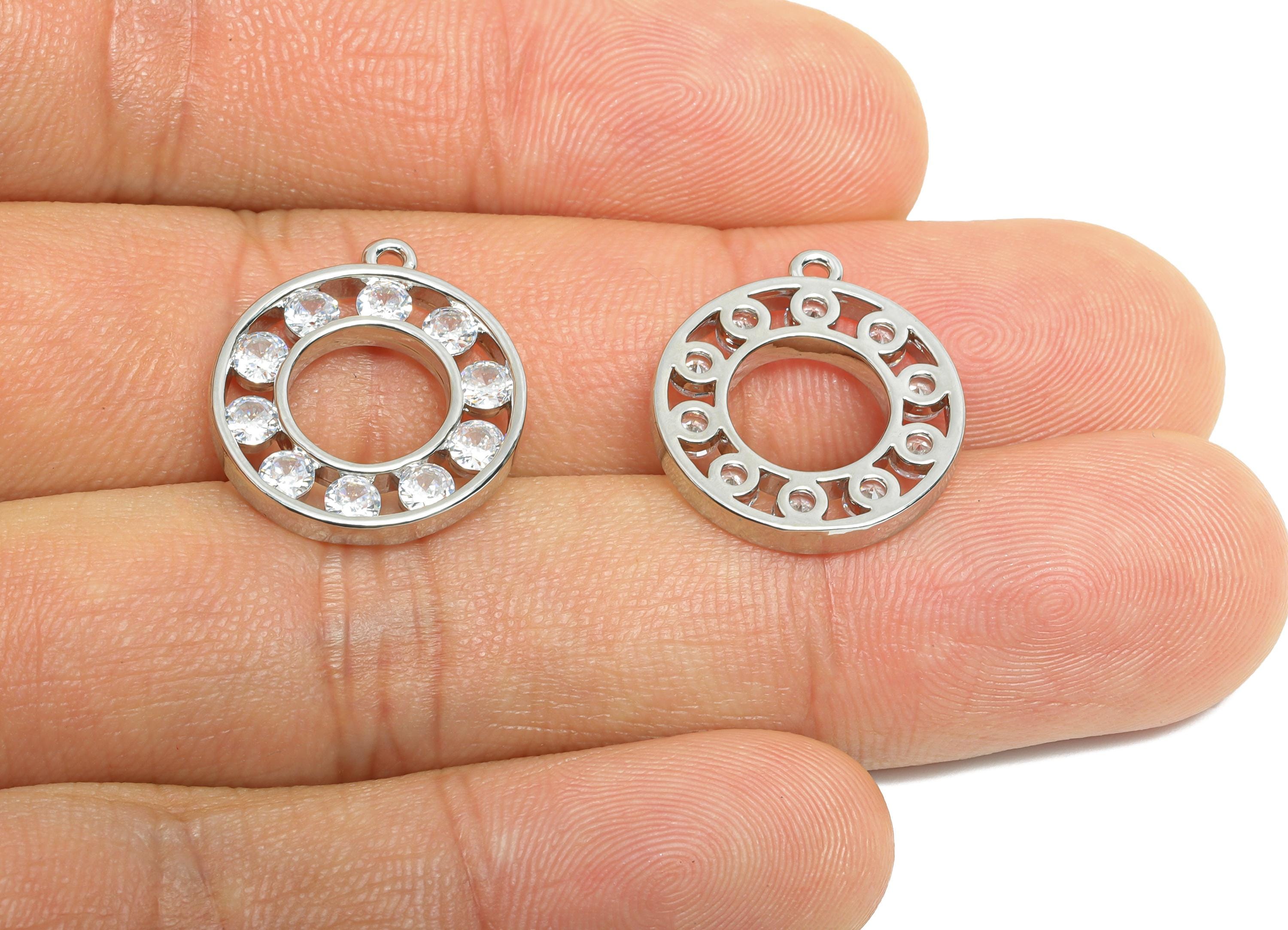 Brass Circle Earring Charm - Brass Sparkling Zircon Pendant - Crystal Geometry CZ Charm - 18K Real White Gold Plated - 19x17x2mm - RGP9673S - DOMEDBAZAAR