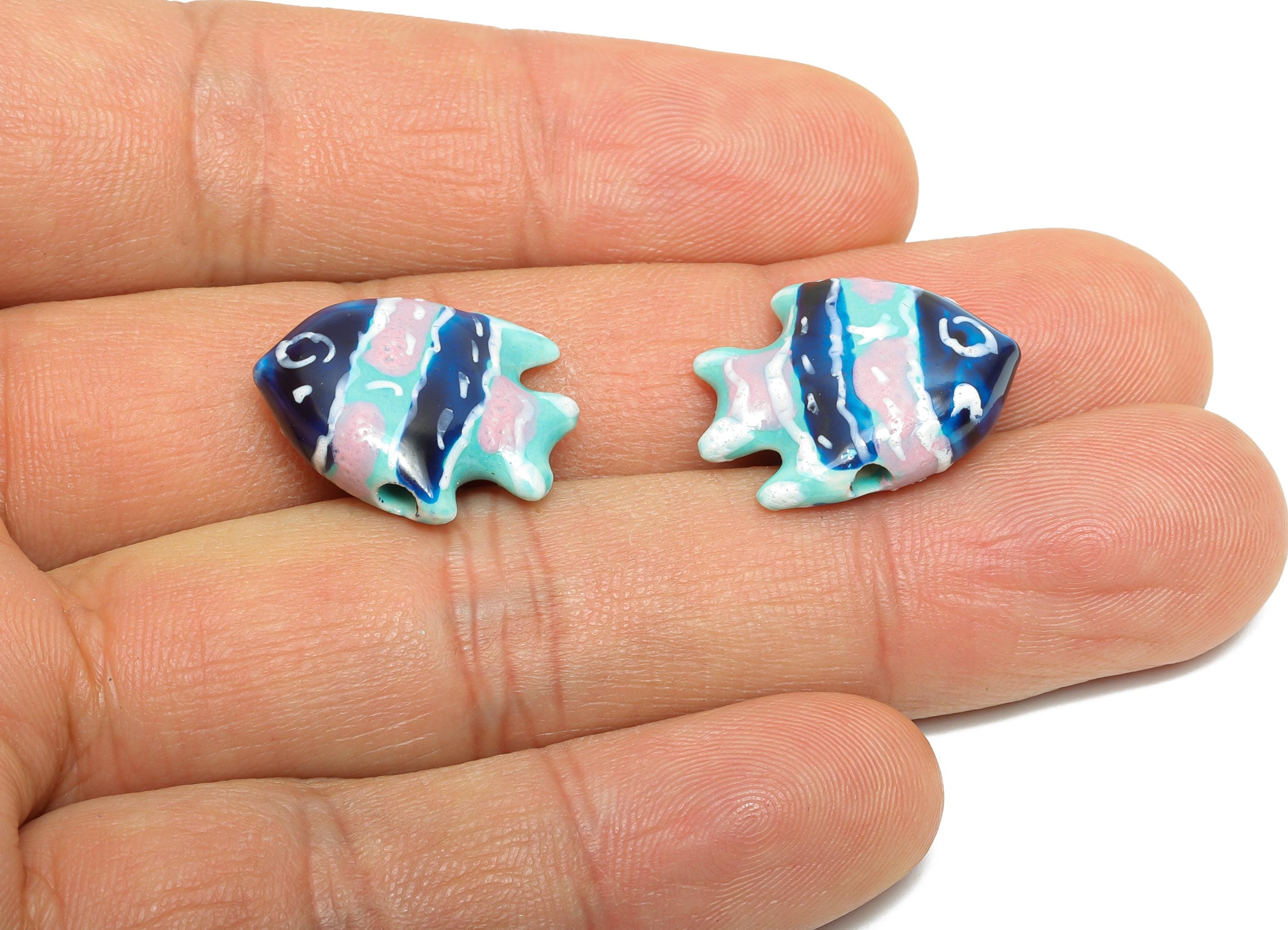 Glazed Ceramic Fish Beads - Colorful Tropical Fish Marine Beads - Handmade Bead Connector - Jewelry Component - 21.28x16.81x6.54mm - NS2853F - DOMEDBAZAAR