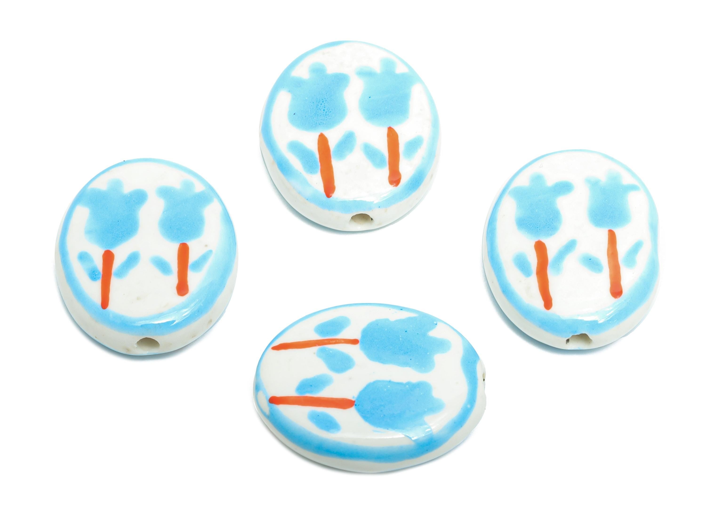 Glazed Ceramic Oval Tulip Bead - Blue Flower Nature Ceramic Beads - Handmade Beads Connectors - Jewelry DIY Bead - 19.64x16.07x5mm - NS2848A - DOMEDBAZAAR