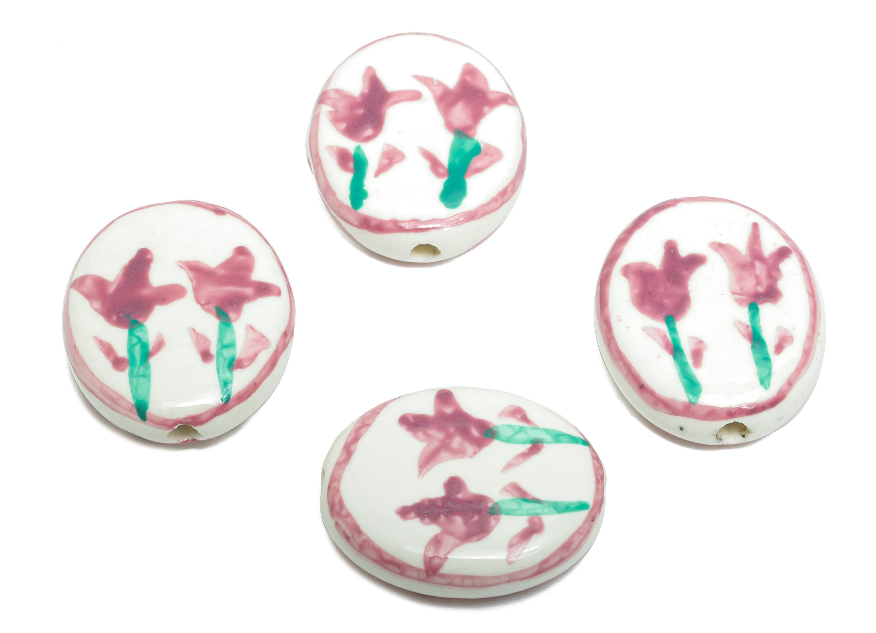 Glazed Ceramic Oval Tulip Bead - Purple Flower Nature Ceramic Beads - Handmade Beads Connectors - Jewelry DIY Bead - 20x16.55x5mm - NS2848B - DOMEDBAZAAR