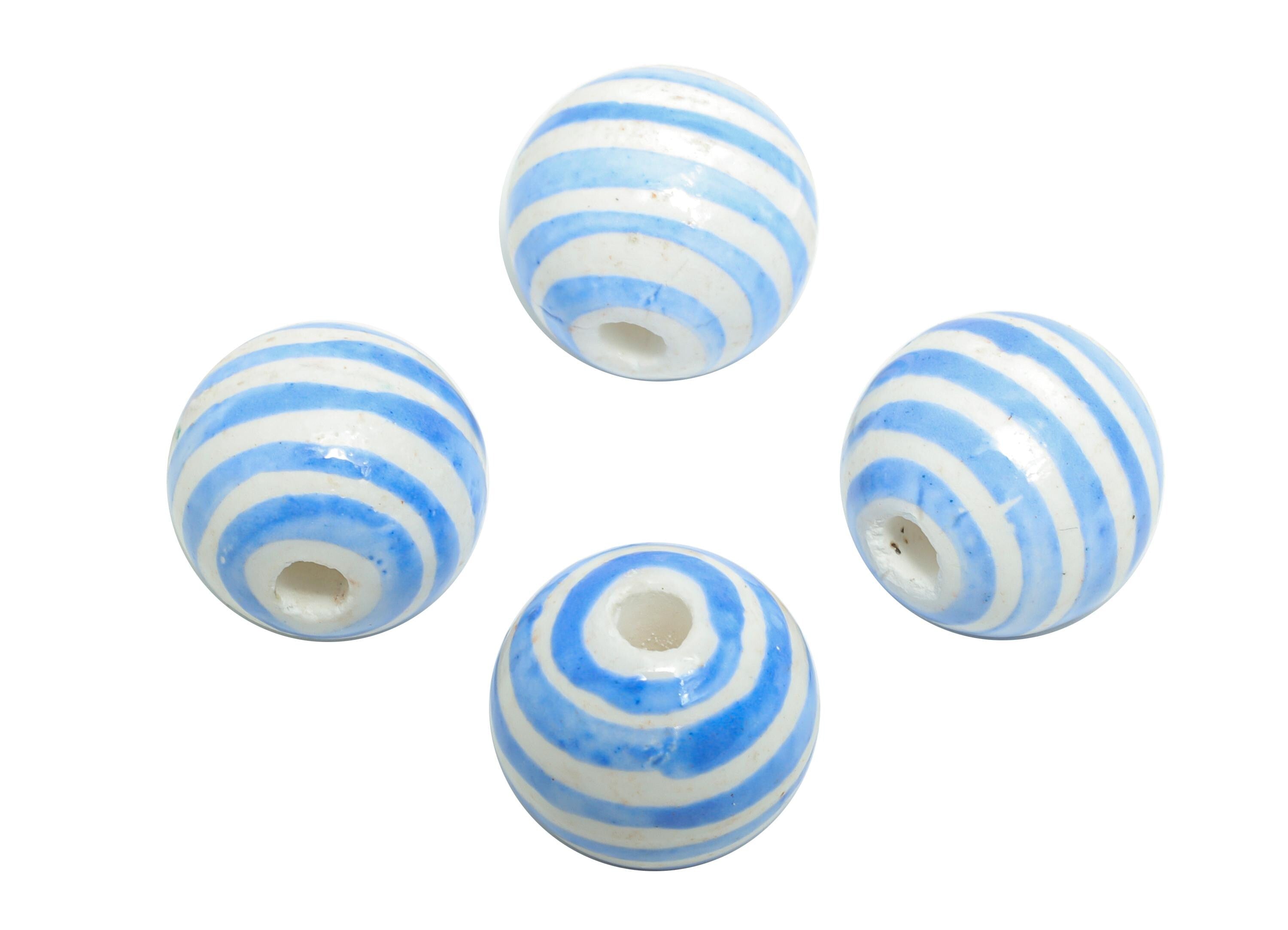 Blue Striped Ceramic Beads - Colorful Handmade Bead - Fun Beads for Creative Jewelry Projects - Bright Summer Bead - 11x12x12mm - NS2858F - DOMEDBAZAAR