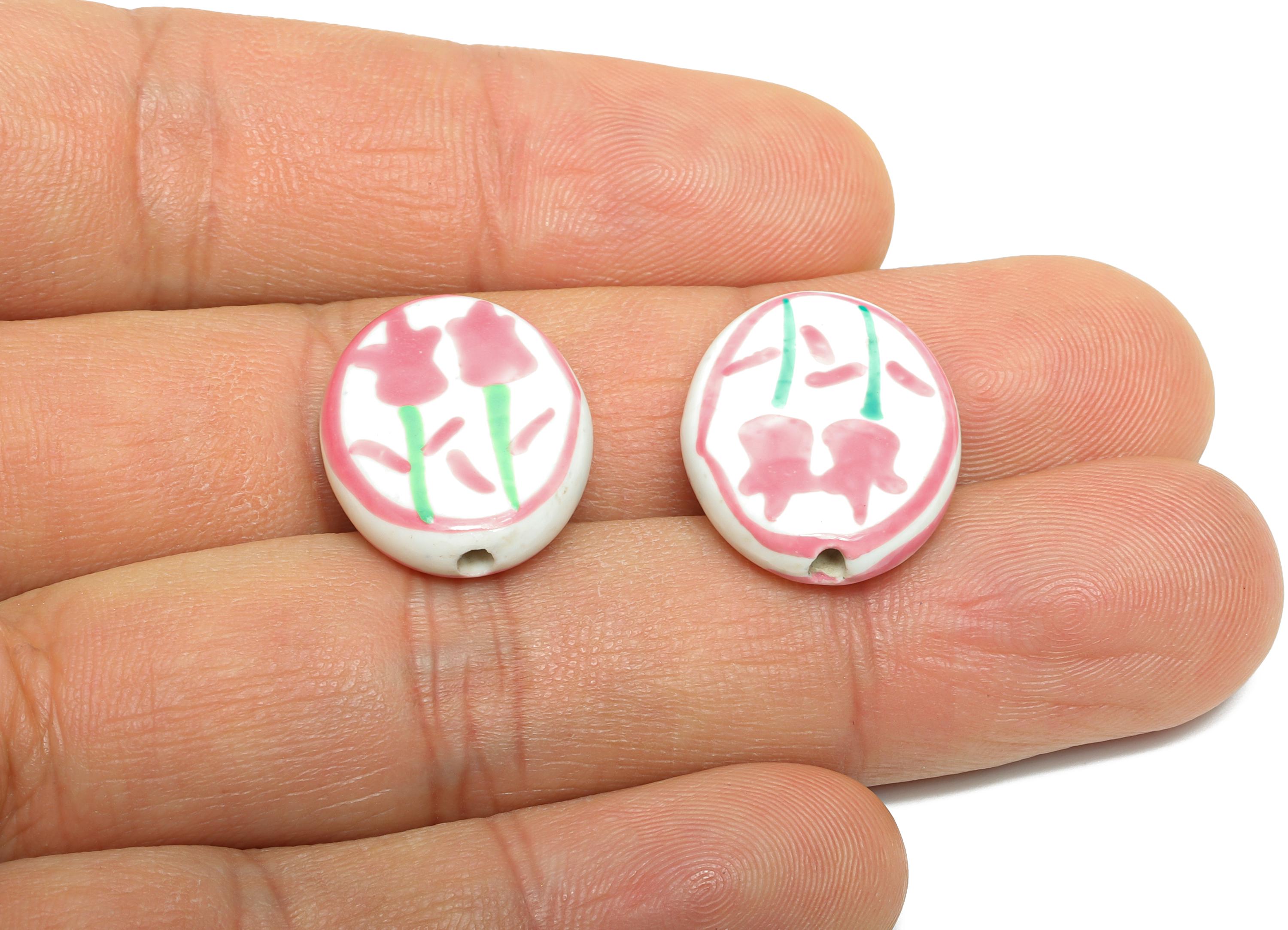 Glazed Ceramic Oval Tulip Bead - Pink Flower Nature Ceramic Beads - Handmade Beads Connectors - Jewelry DIY Bead - 19.52x16.05x5mm - NS2848C - DOMEDBAZAAR