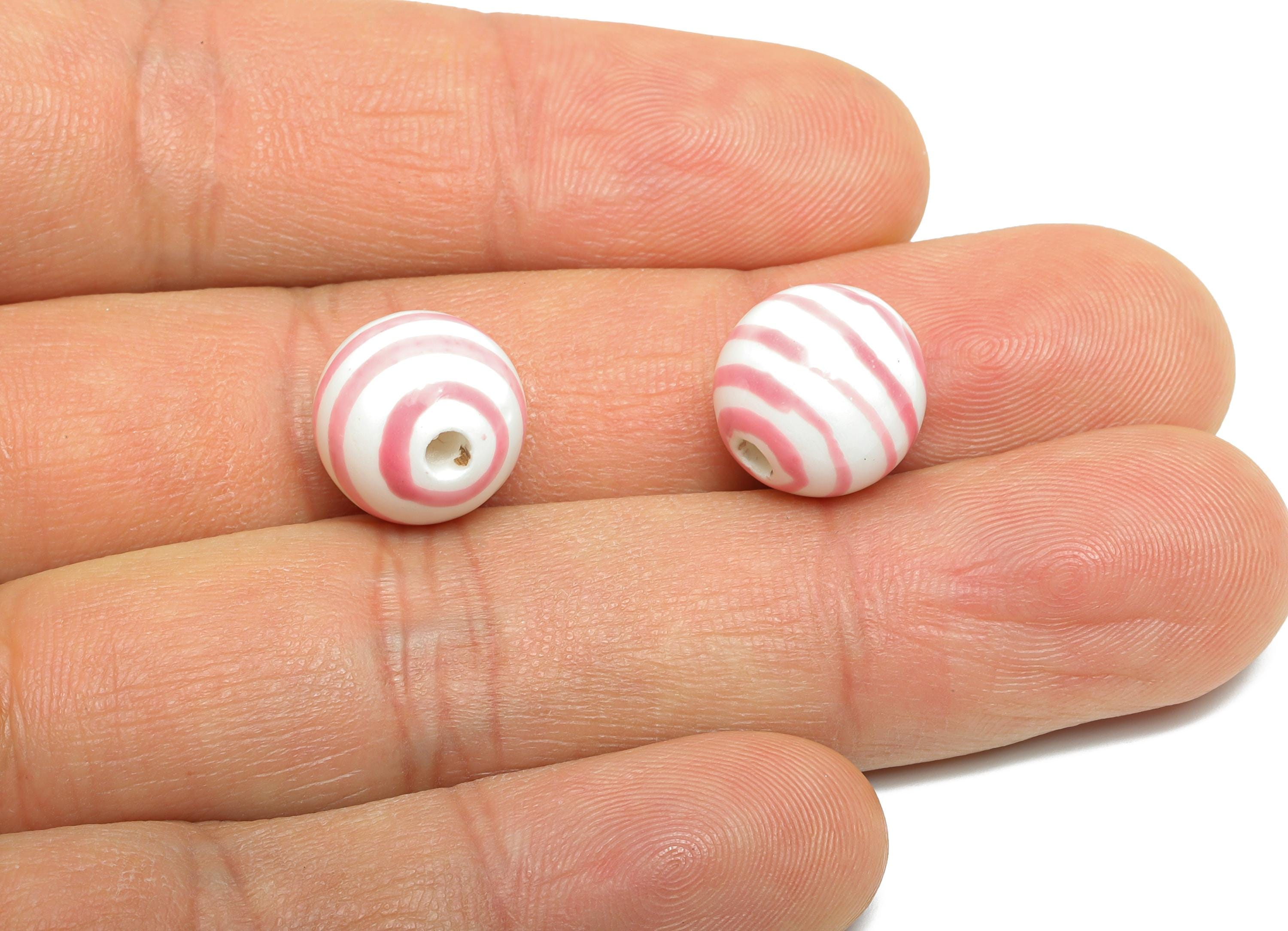 Pink Striped Ceramic Beads - Colorful Handmade Bead - Fun Beads for Creative Jewelry Projects - Bright Summer Bead - 11x12x12mm - NS2858A - DOMEDBAZAAR