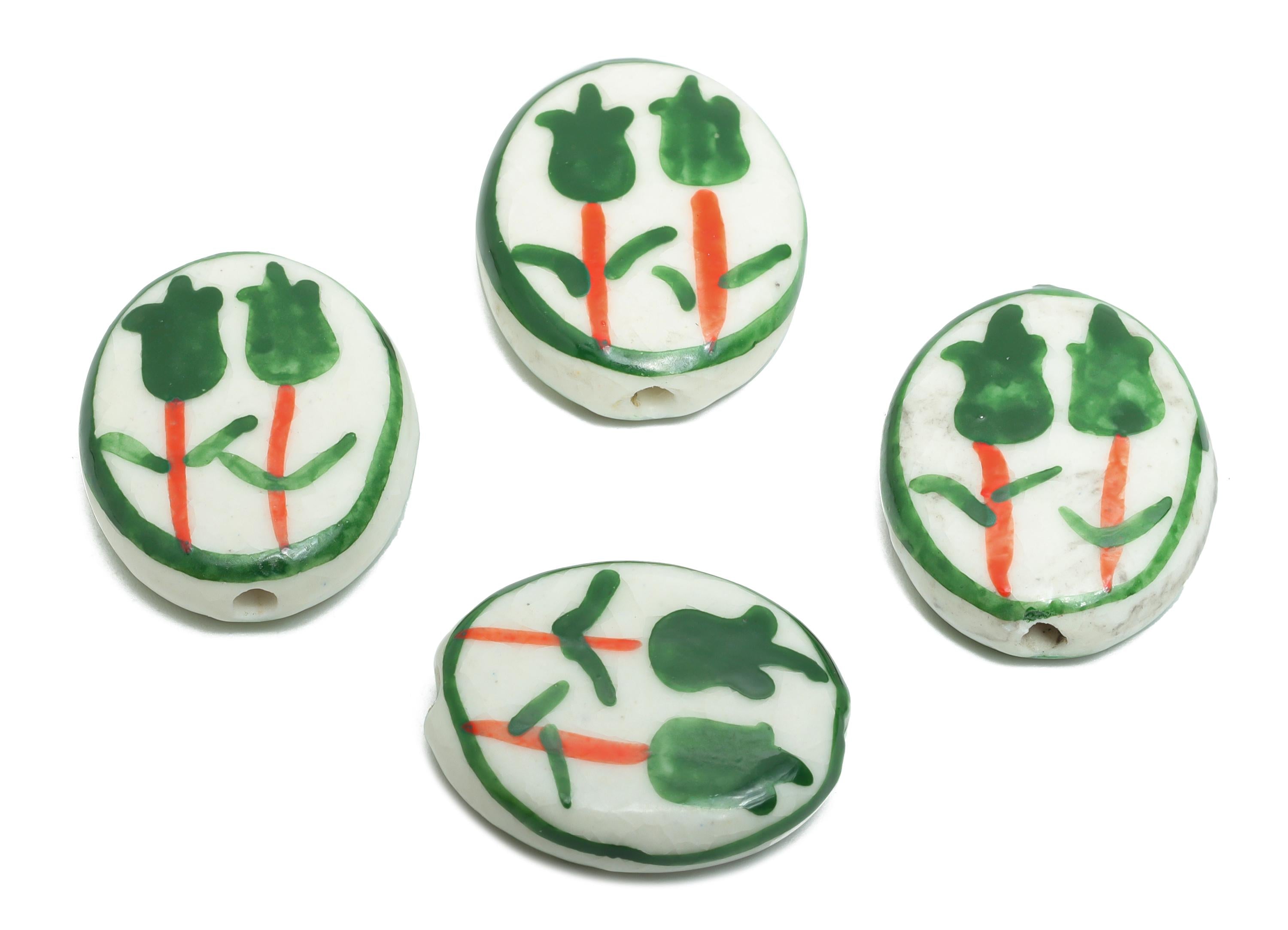 Glazed Ceramic Oval Tulip Bead - Green Flower Nature Ceramic Beads - Handmade Beads Connectors - Jewelry DIY Bead - 19.75x15.94x5mm -NS2848D - DOMEDBAZAAR