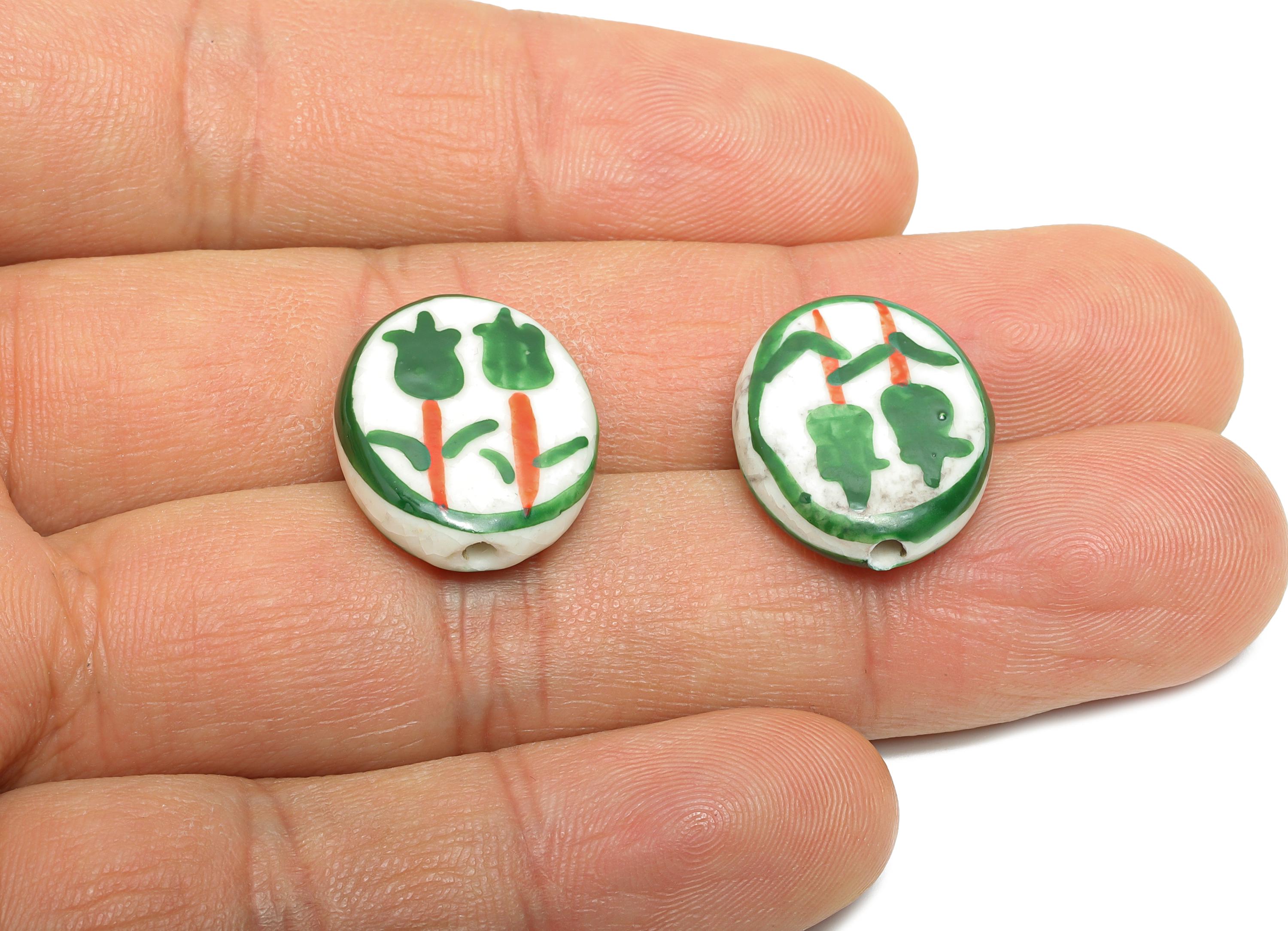 Glazed Ceramic Oval Tulip Bead - Green Flower Nature Ceramic Beads - Handmade Beads Connectors - Jewelry DIY Bead - 19.75x15.94x5mm -NS2848D - DOMEDBAZAAR